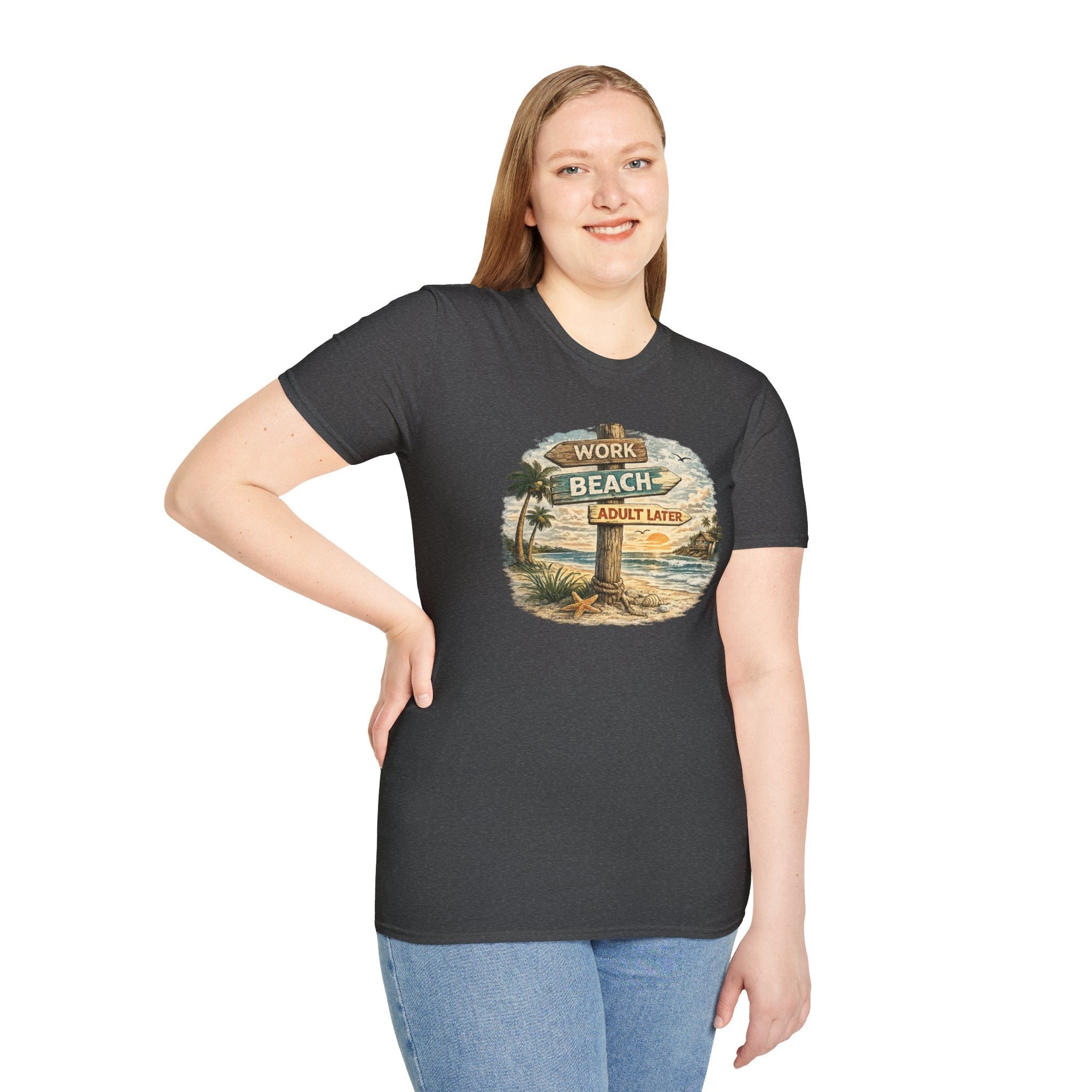 Beach Signpost T-Shirt — "Work Beach, Adult Later" Vintage Sunset Tee
