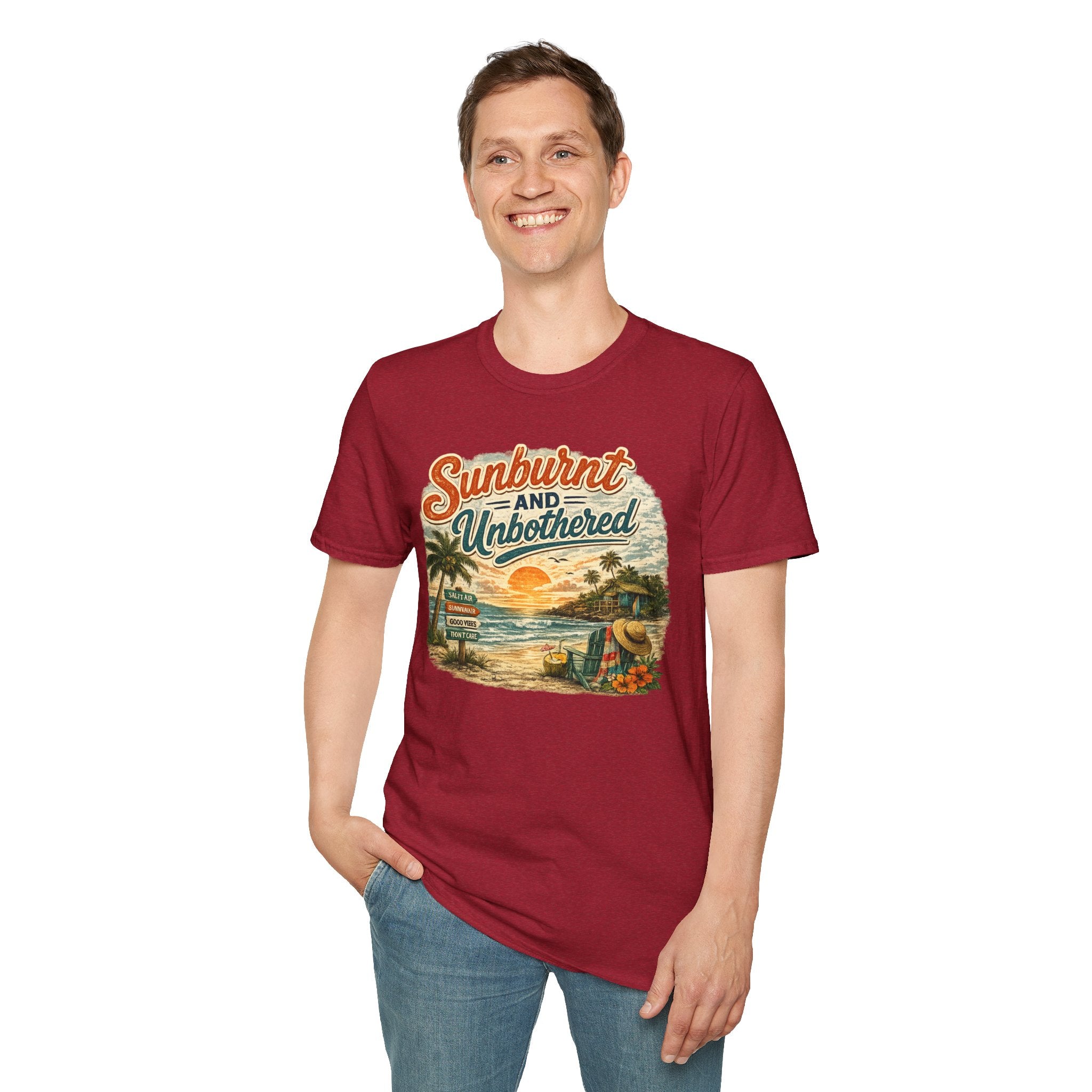 Sunburnt and Unbothered T-Shirt — Retro Beach Vacation Tee
