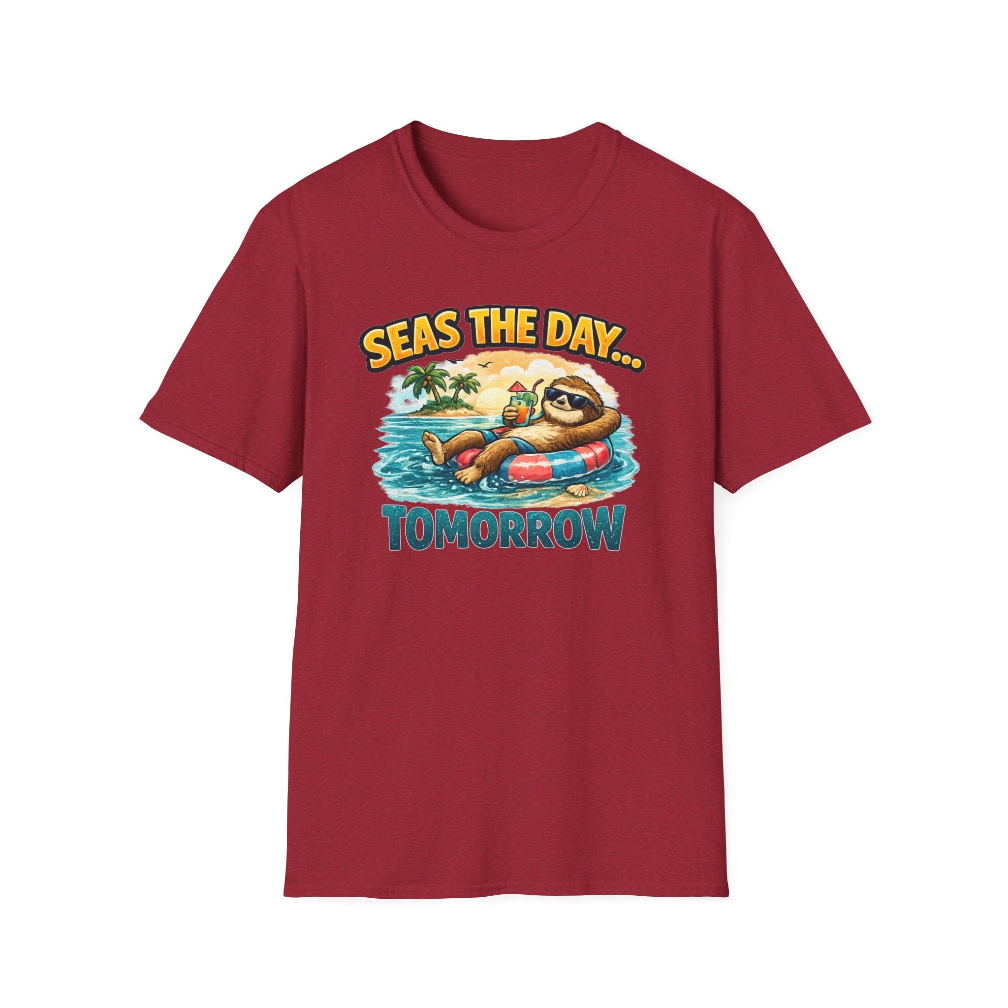 Seas the Day Sloth T-Shirt — Funny Tropical "Seas the Day... Tomorrow" Tee