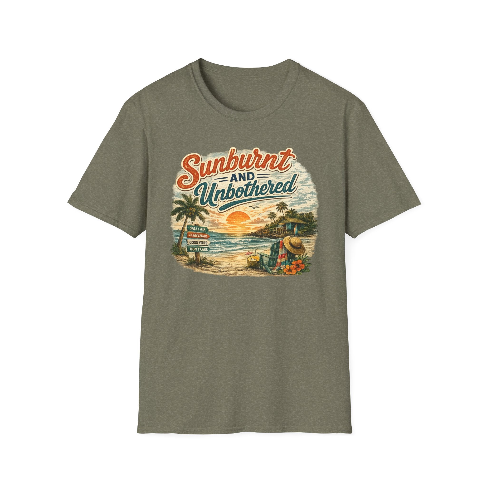 Sunburnt and Unbothered T-Shirt — Retro Beach Vacation Tee
