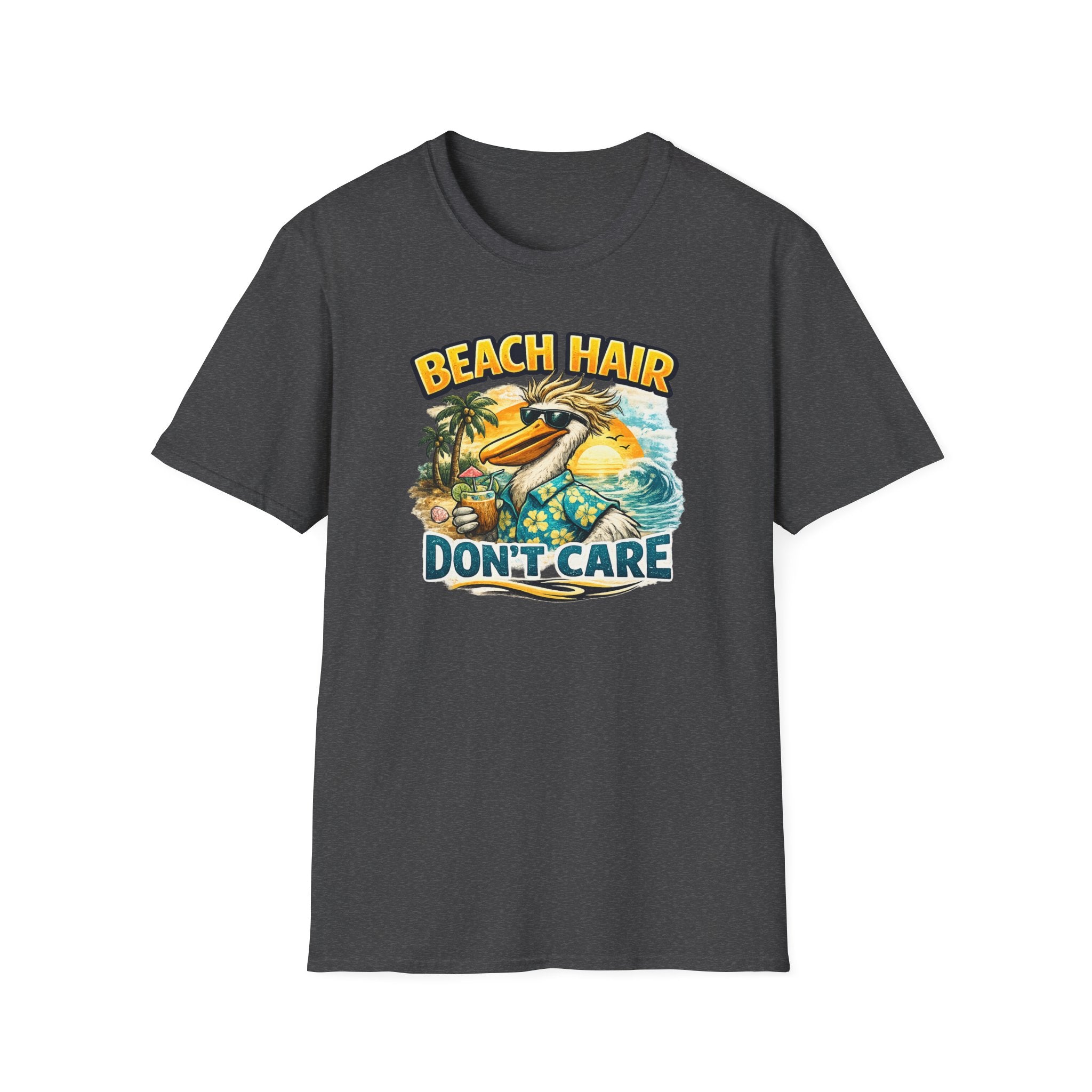 Beach Hair Don't Care T-Shirt — Tropical Pelican Vacation Tee