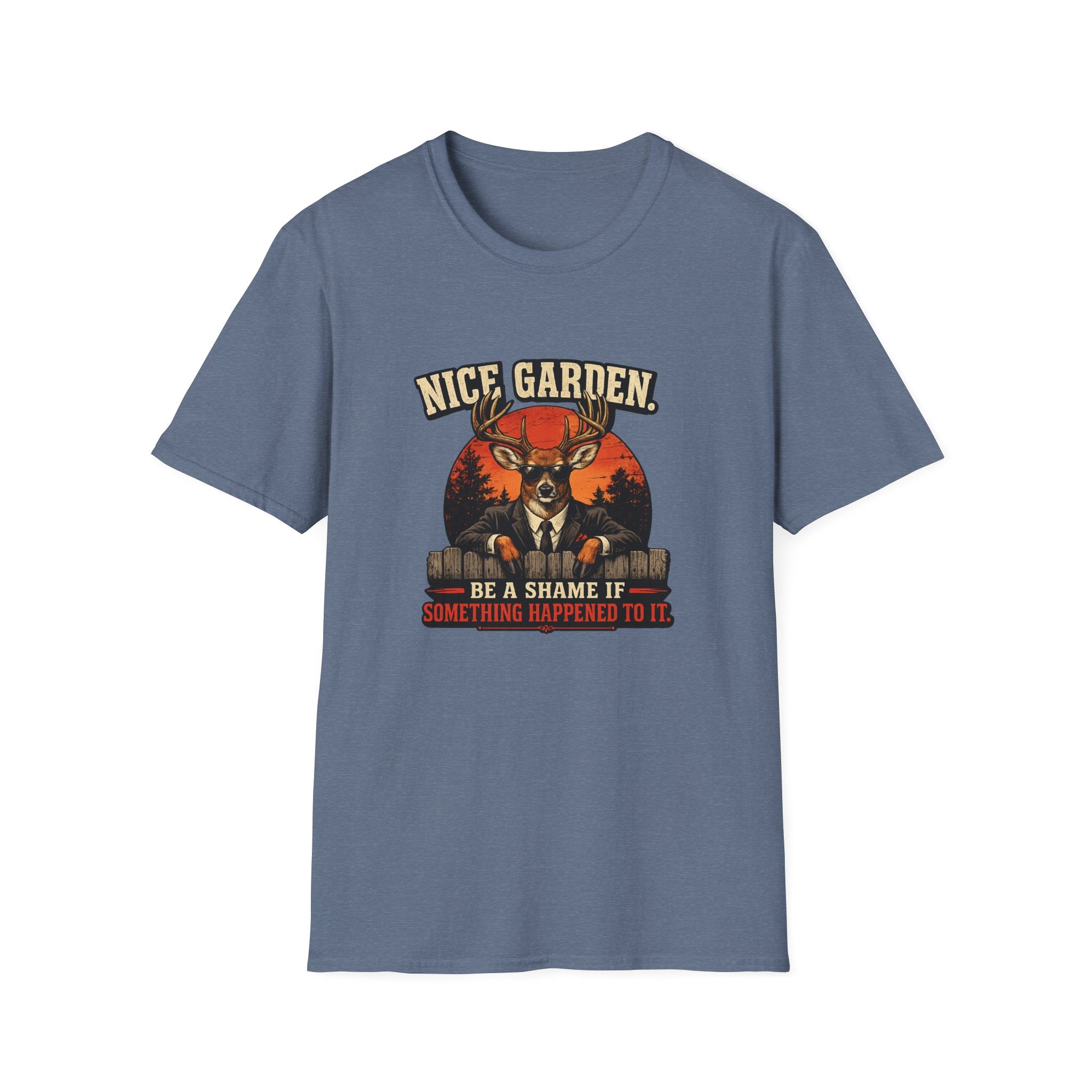 Nice Garden Deer T-Shirt — Vintage Stag Graphic Tee ("Nice Garden" Text)