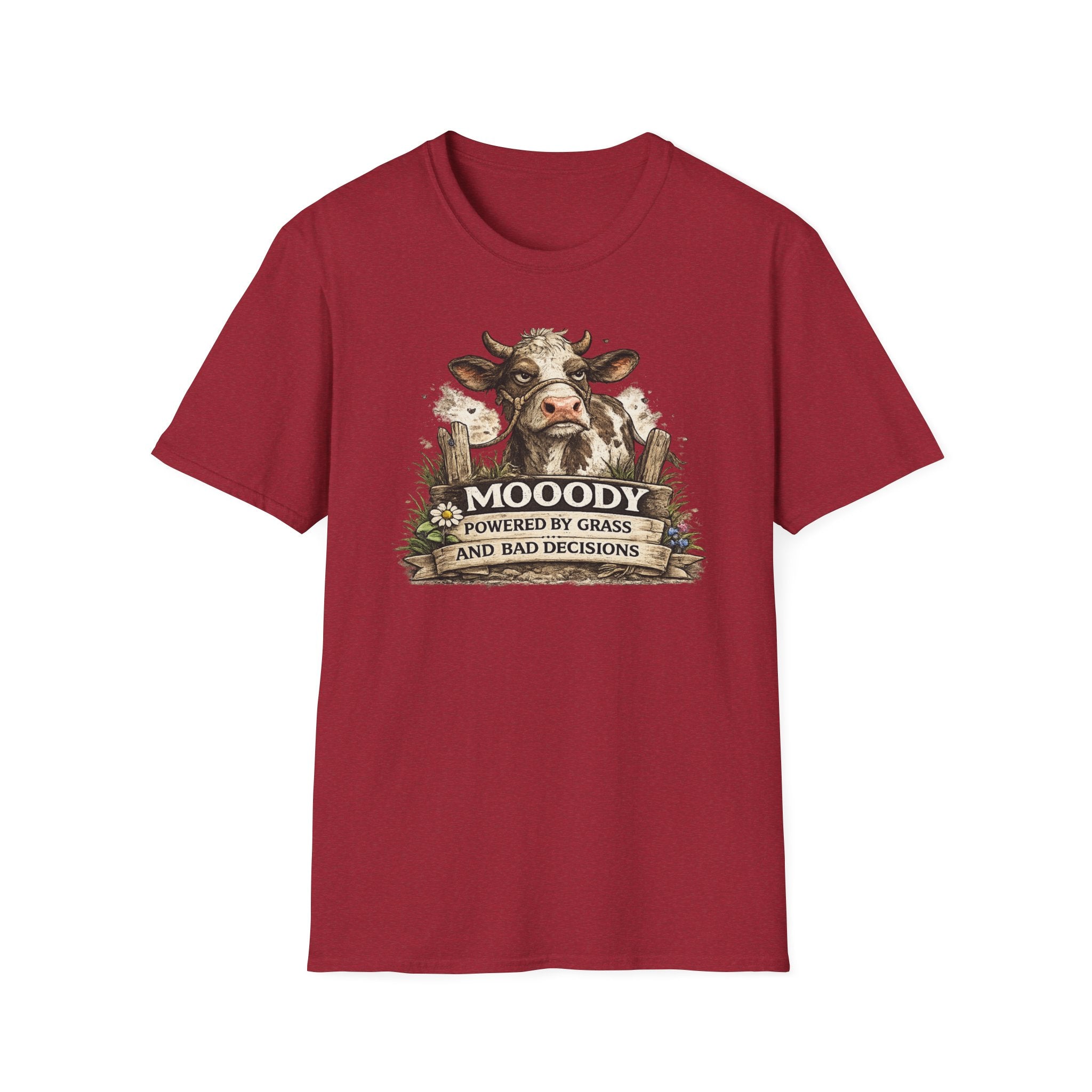 Moody Cow T-Shirt — "Moody: Powered by Grass and Bad Decisions" Graphic Tee