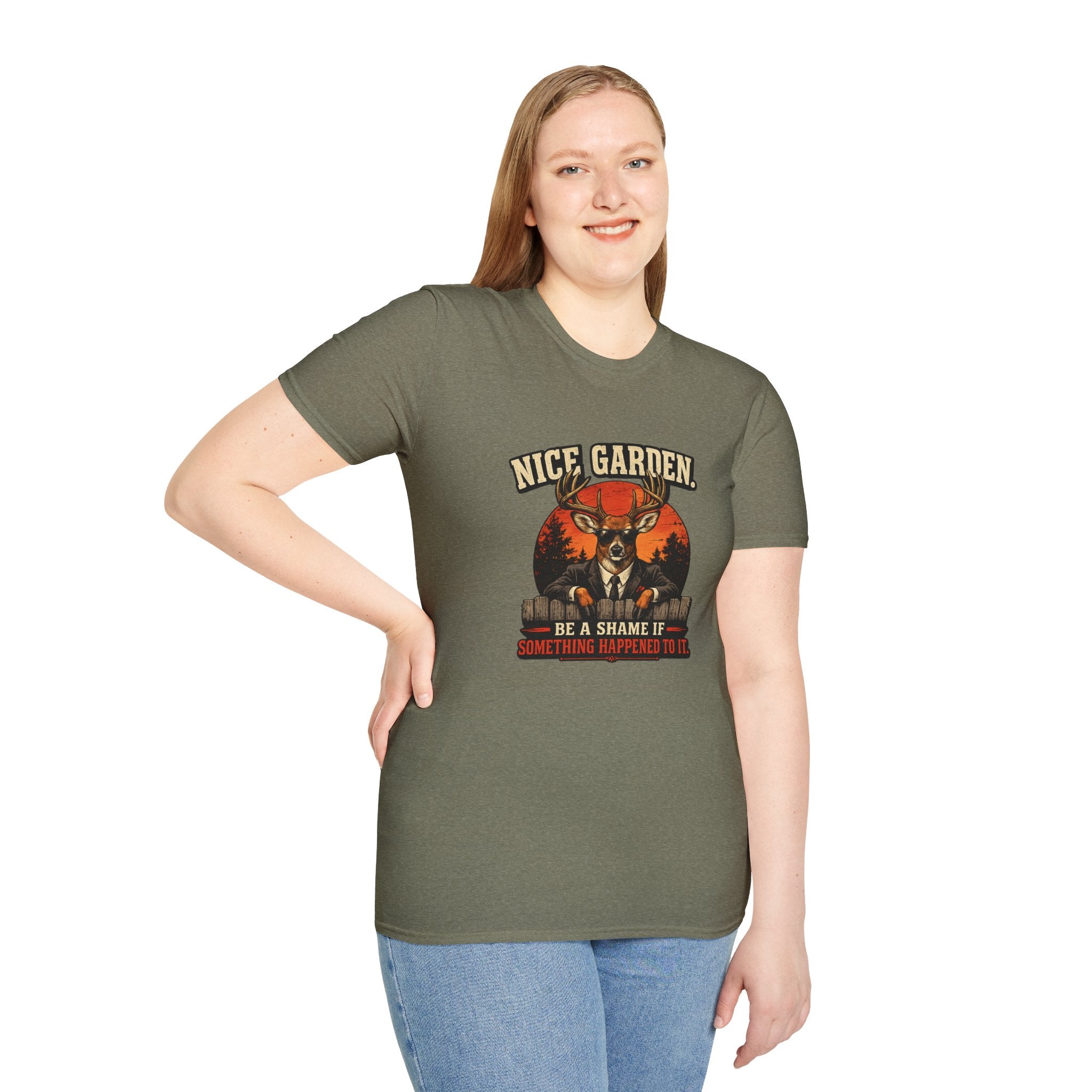 Nice Garden Deer T-Shirt — Vintage Stag Graphic Tee ("Nice Garden" Text)