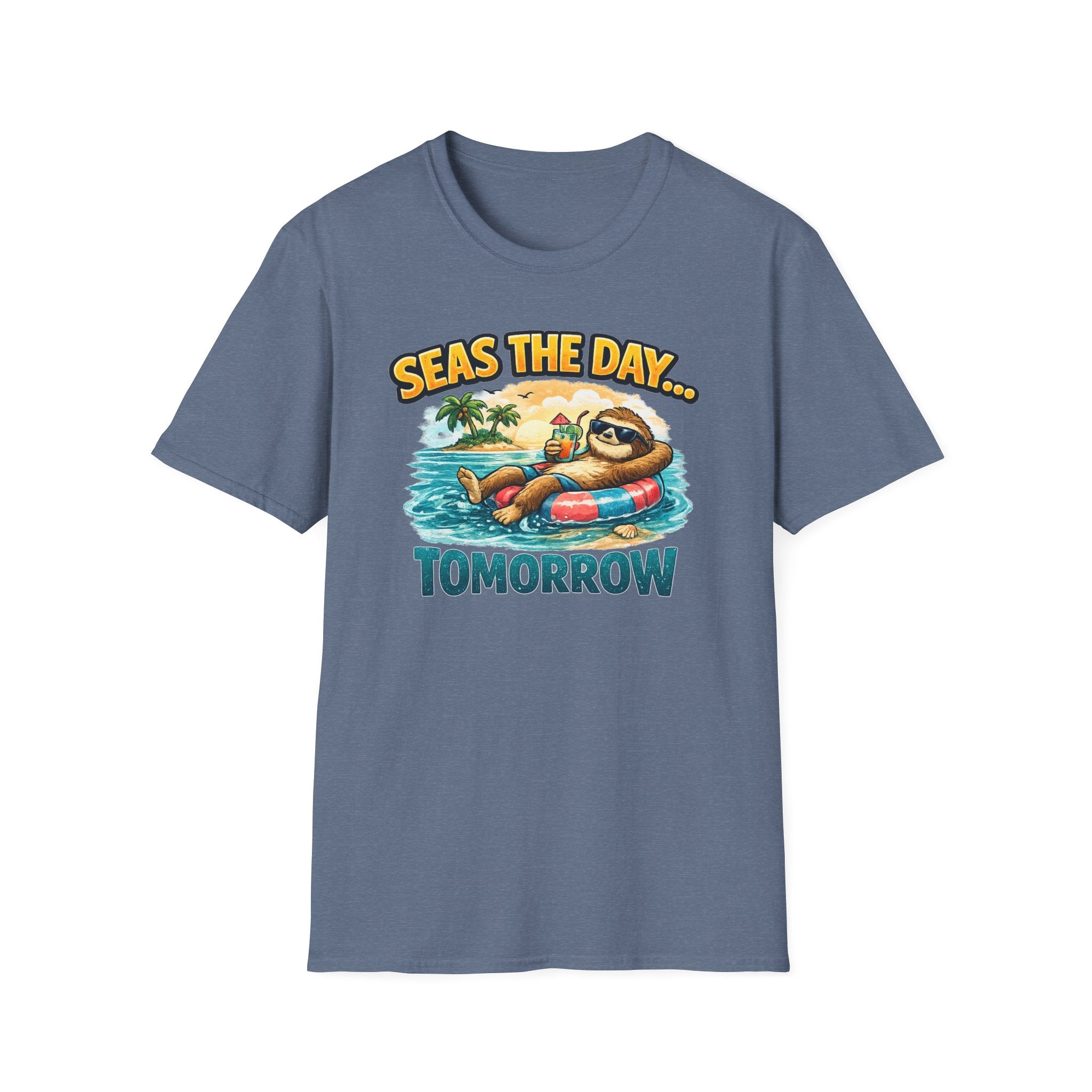 Seas the Day Sloth T-Shirt — Funny Tropical "Seas the Day... Tomorrow" Tee