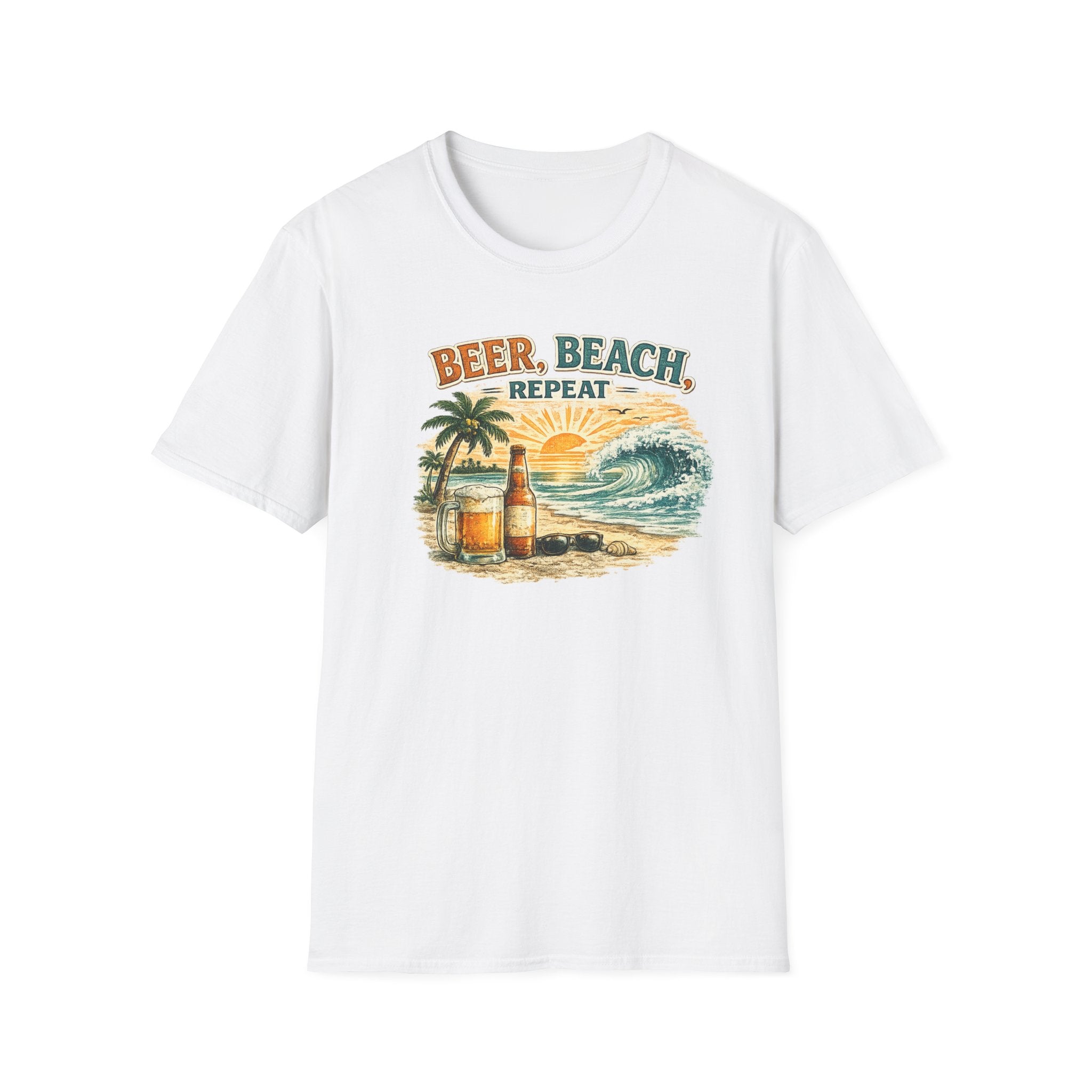 Beach T-Shirt — "Beer, Beach, Repeat" Retro Sunset Surf Tee