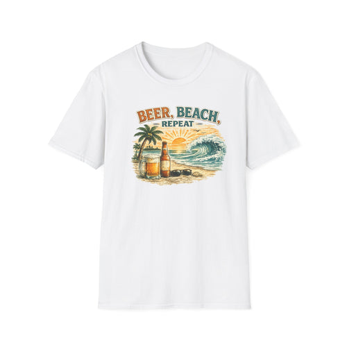 Beach T-Shirt — "Beer, Beach, Repeat" Retro Sunset Surf Tee