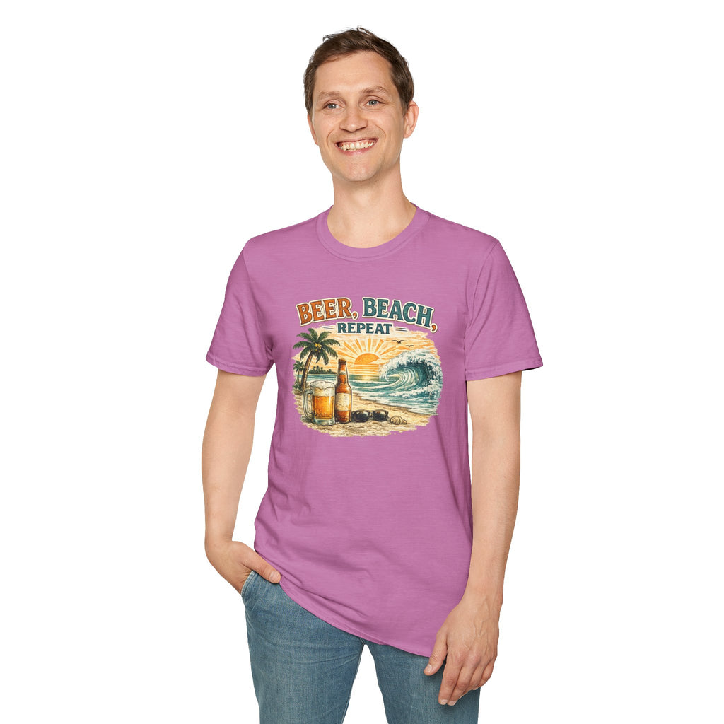 Beach T-Shirt — "Beer, Beach, Repeat" Retro Sunset Surf Tee