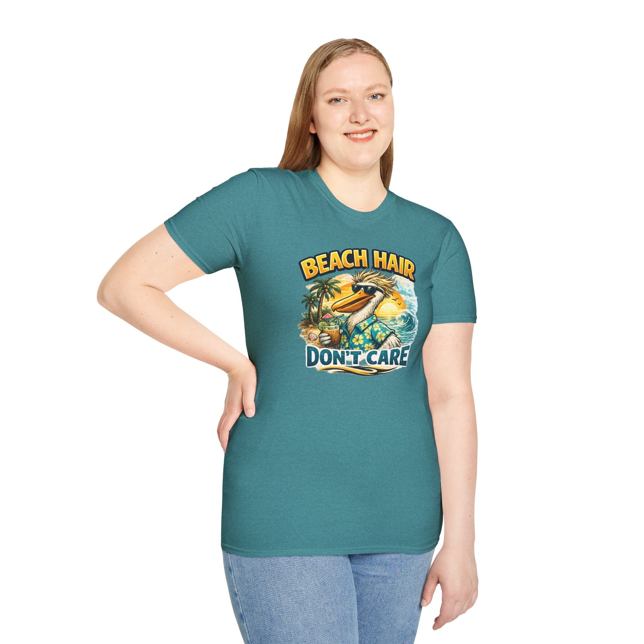 Beach Hair Don't Care T-Shirt — Tropical Pelican Vacation Tee