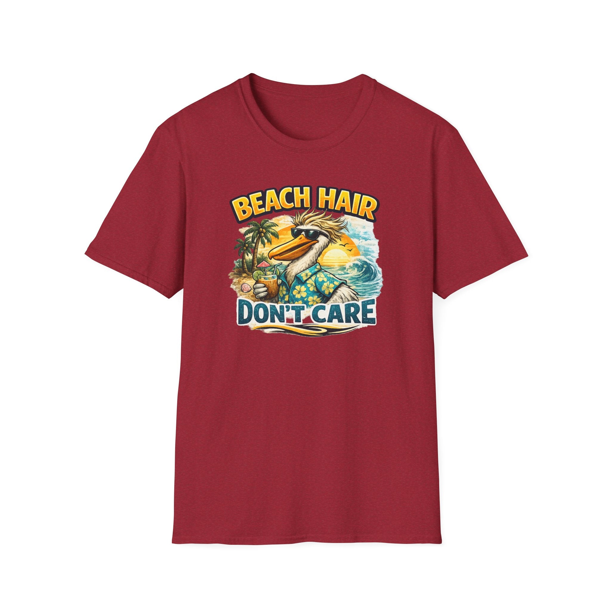 Beach Hair Don't Care T-Shirt — Tropical Pelican Vacation Tee