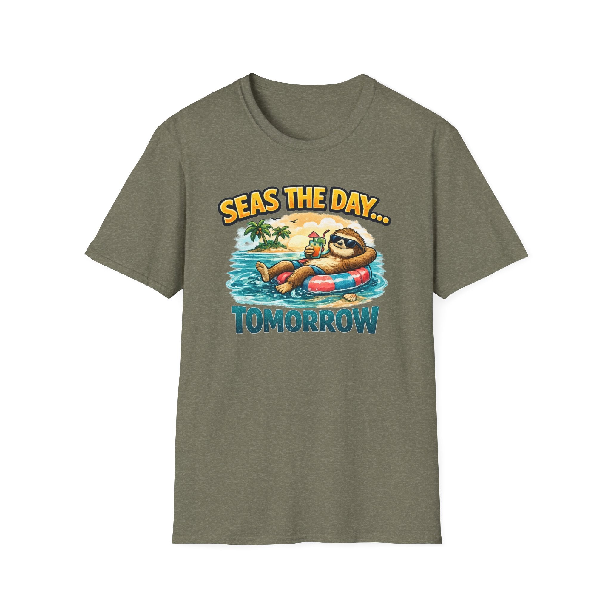 Seas the Day Sloth T-Shirt — Funny Tropical "Seas the Day... Tomorrow" Tee