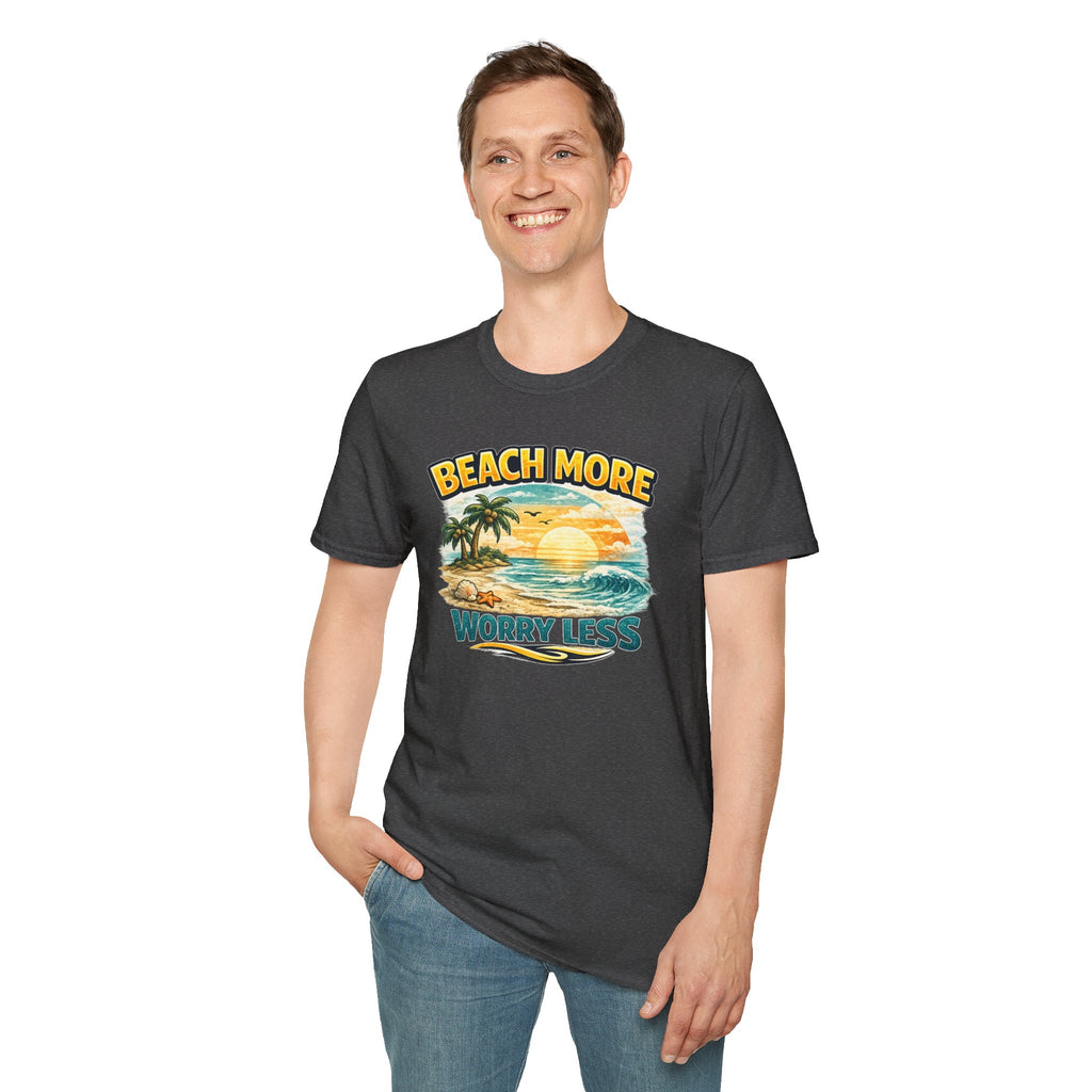 Beach More Worry Less T-Shirt — Vintage Sunset Palm Beach Graphic Tee
