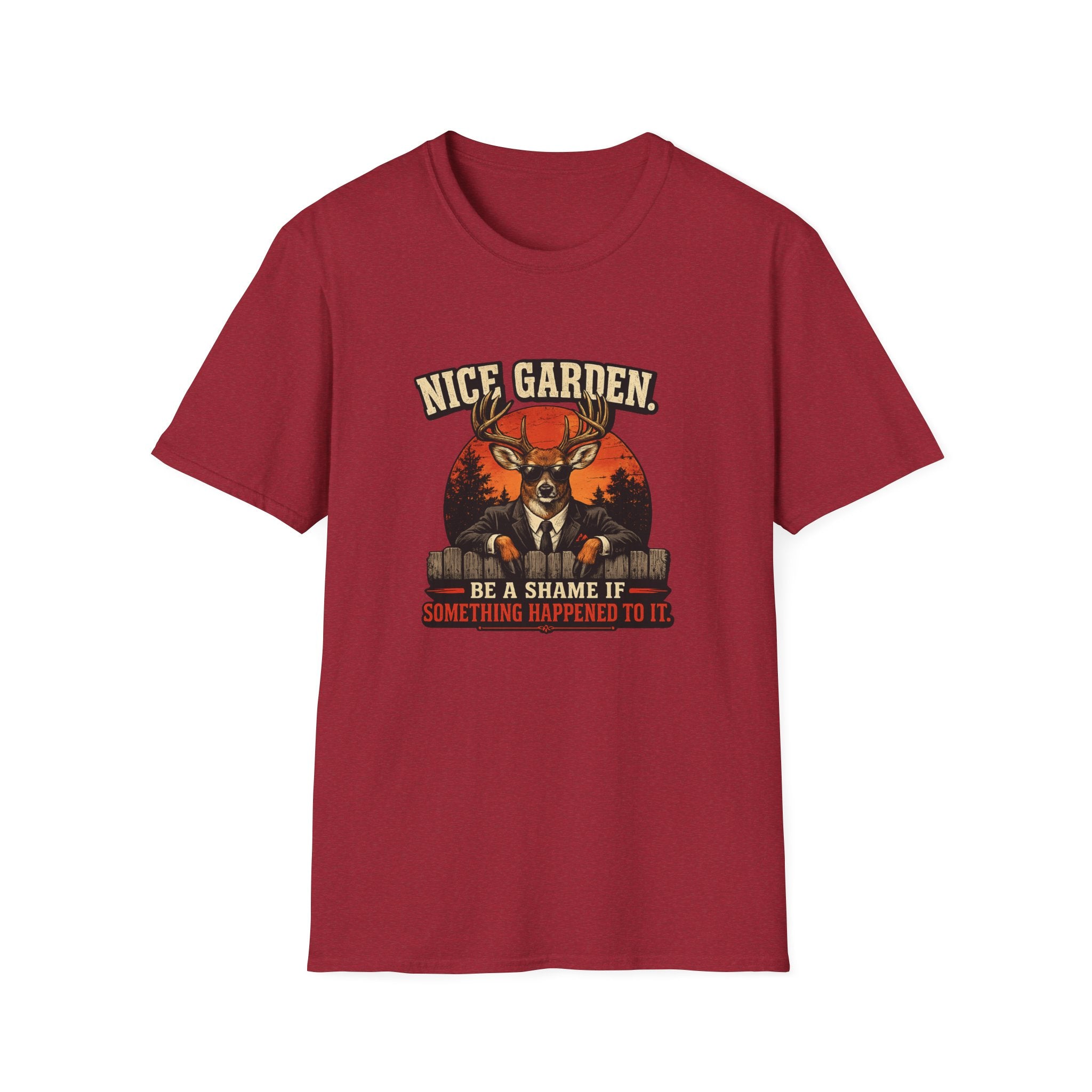 Nice Garden Deer T-Shirt — Vintage Stag Graphic Tee ("Nice Garden" Text)