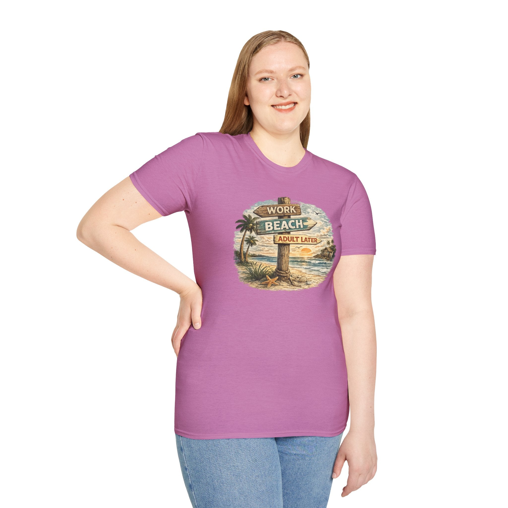 Beach Signpost T-Shirt — "Work Beach, Adult Later" Vintage Sunset Tee