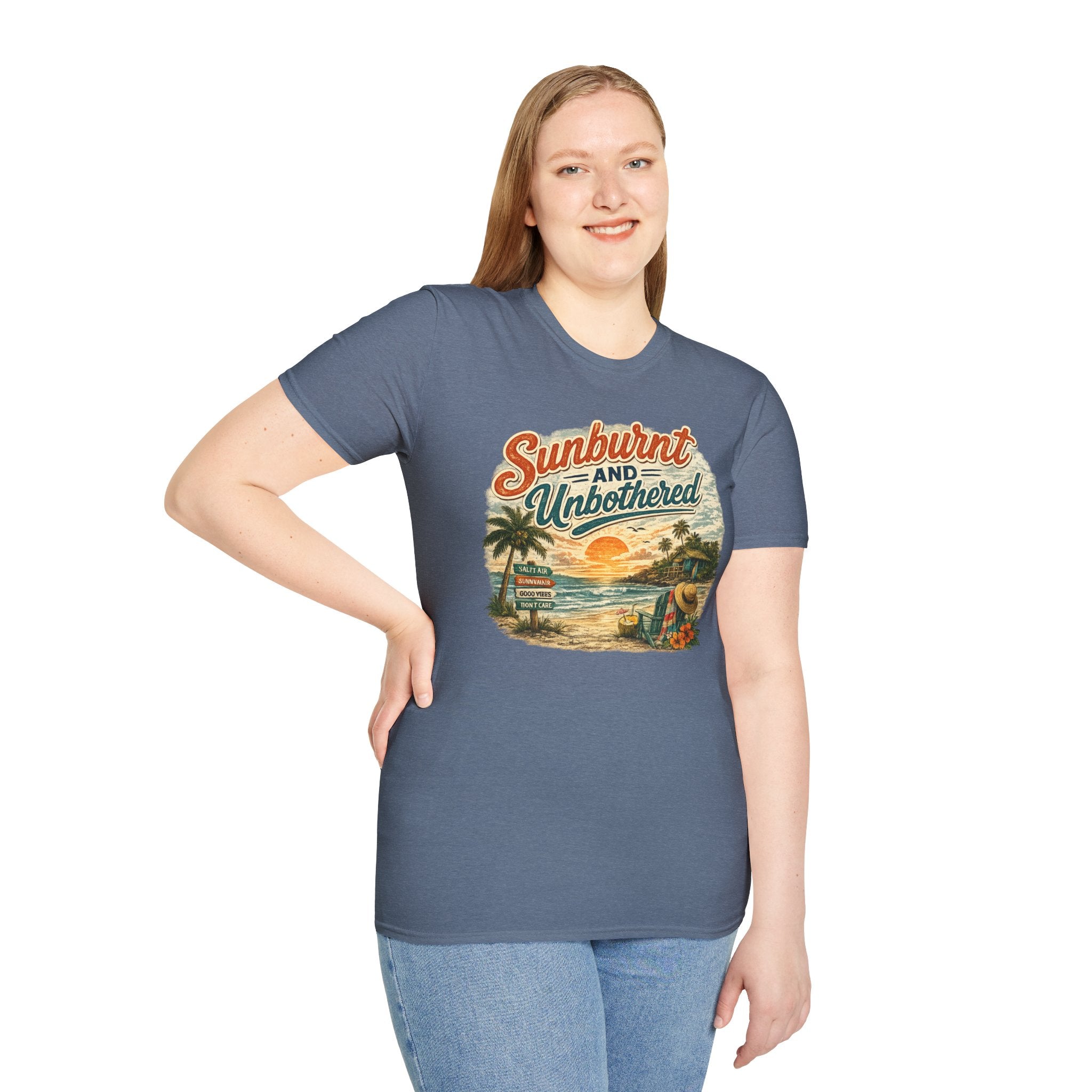Sunburnt and Unbothered T-Shirt — Retro Beach Vacation Tee