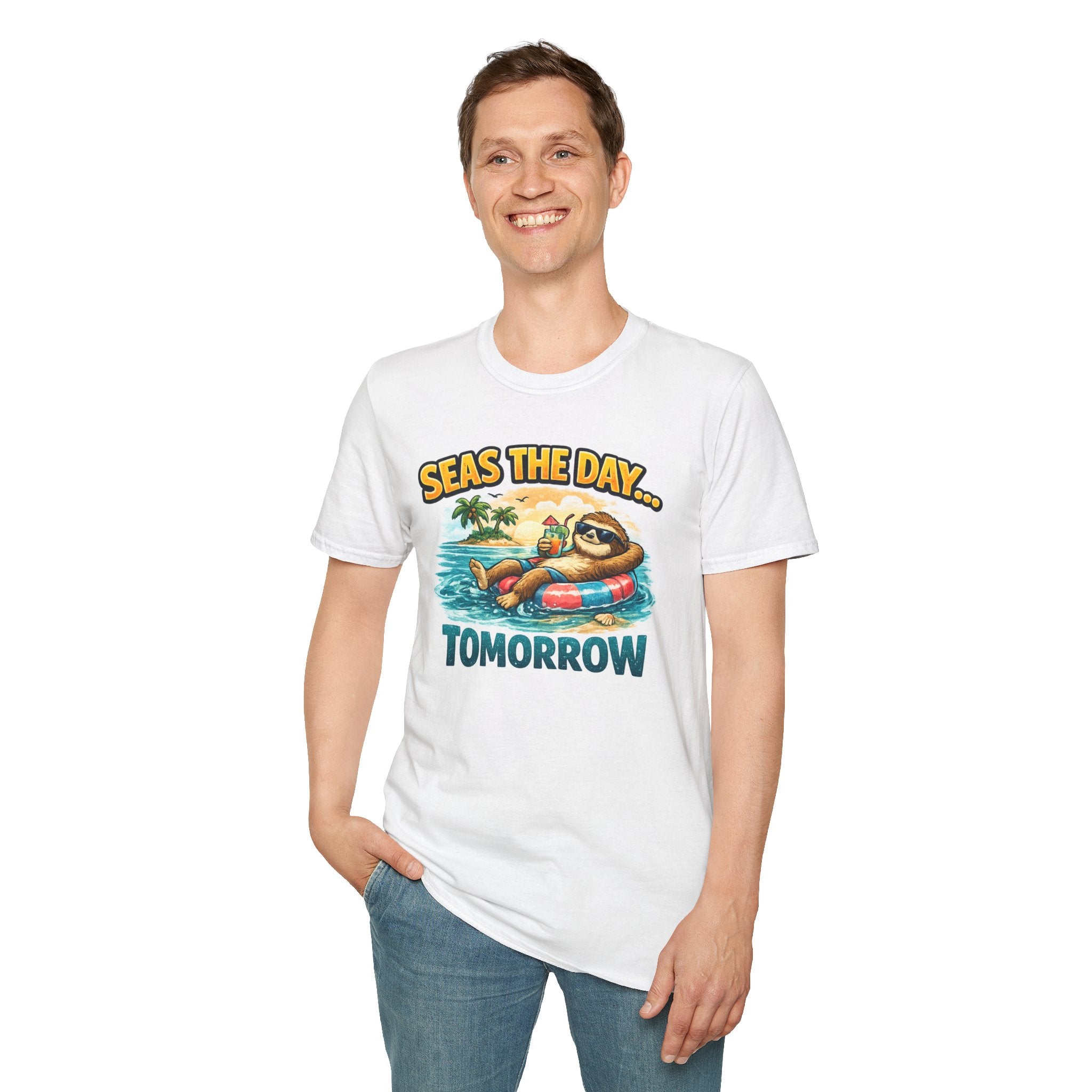 Seas the Day Sloth T-Shirt — Funny Tropical "Seas the Day... Tomorrow" Tee