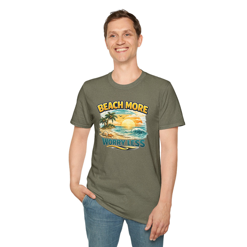 Beach More Worry Less T-Shirt — Vintage Sunset Palm Beach Graphic Tee