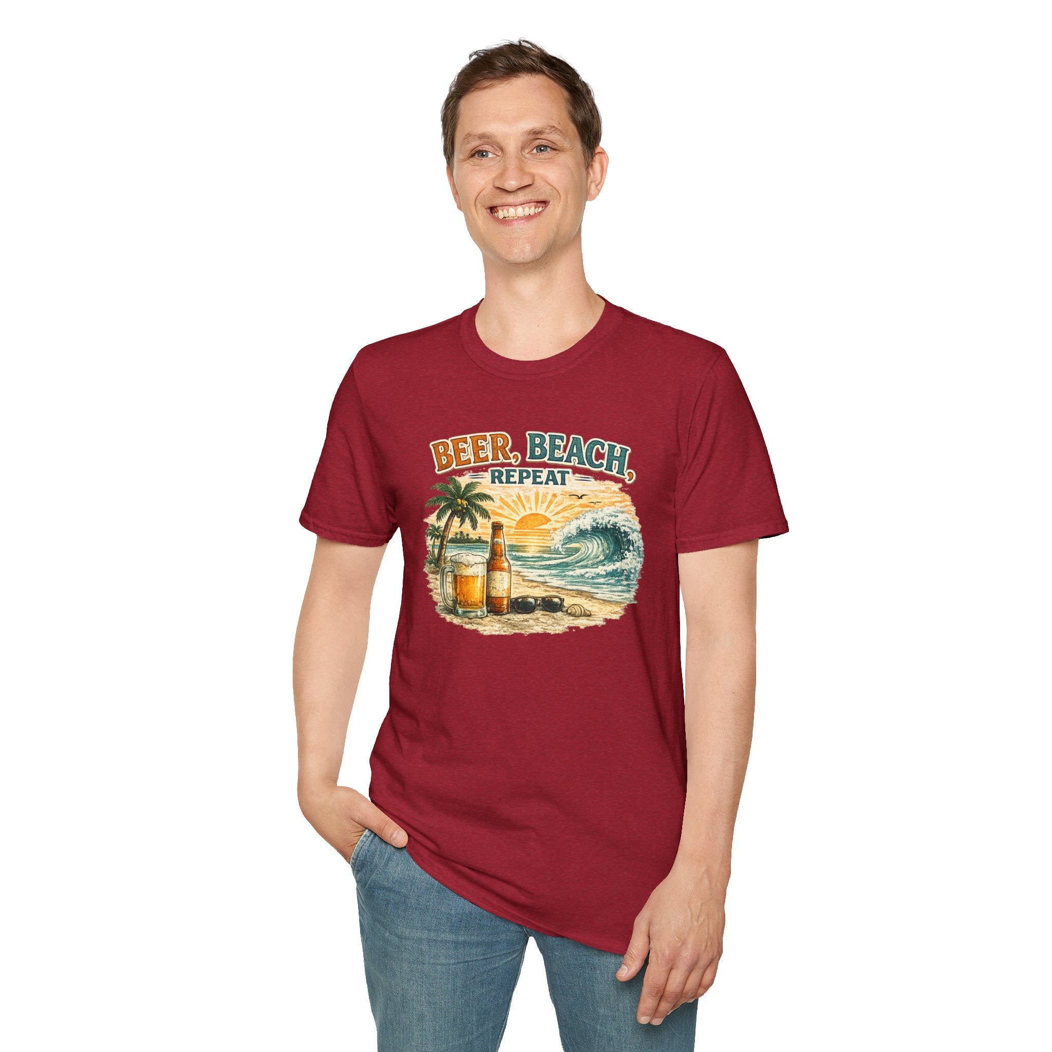 Beach T-Shirt — "Beer, Beach, Repeat" Retro Sunset Surf Tee