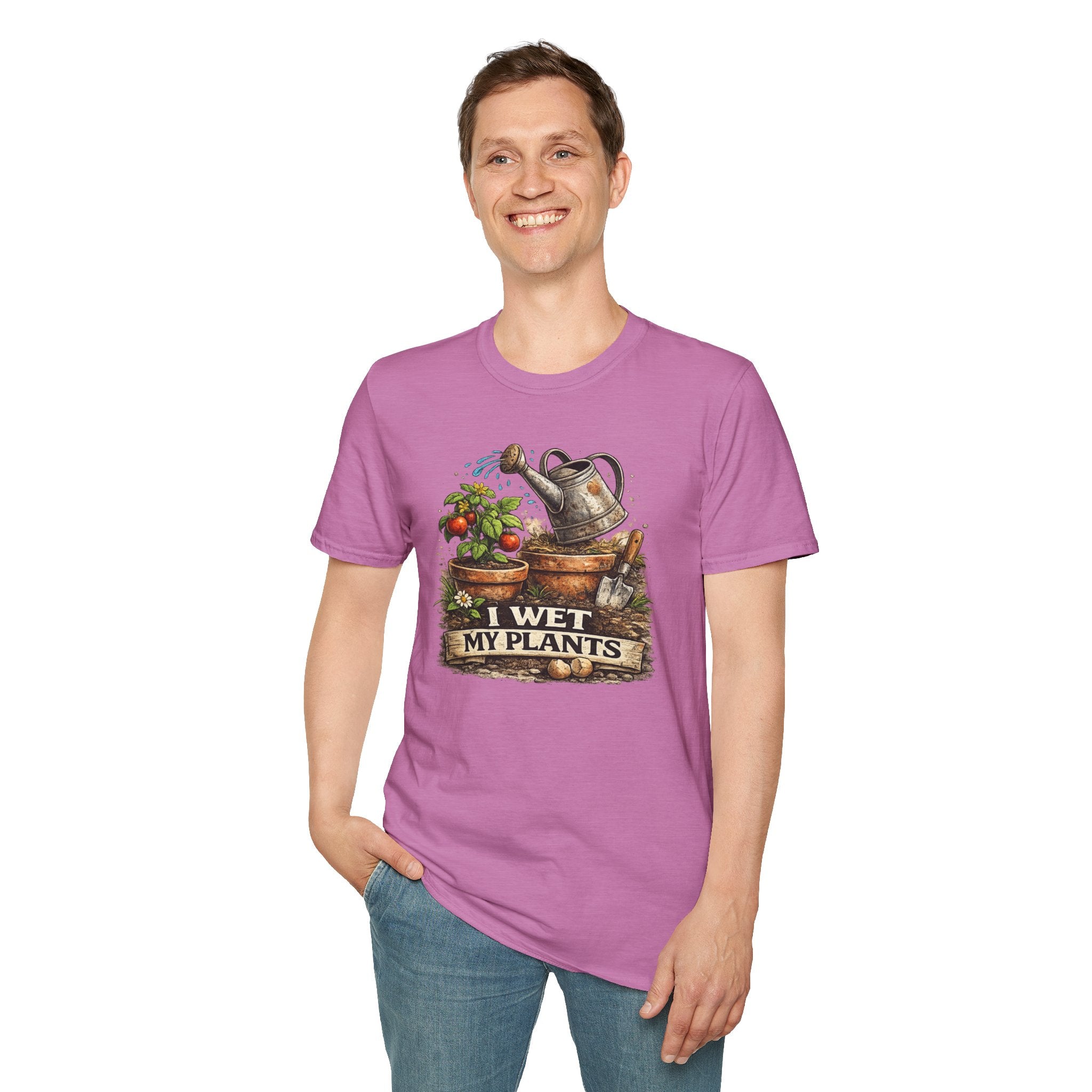Gardening T-Shirt — "I Wet My Plants" Watering Can & Potted Herbs Tee