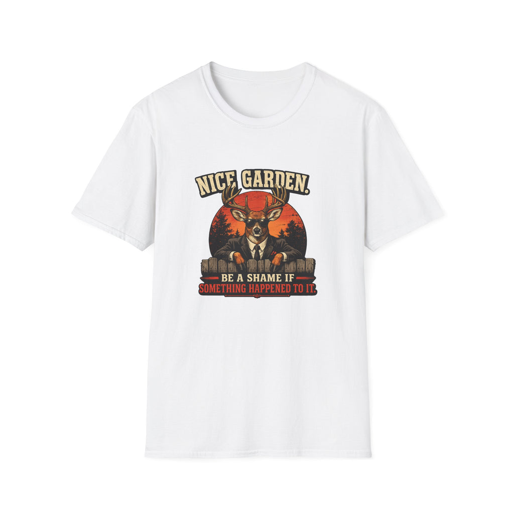 Nice Garden Deer T-Shirt — Vintage Stag Graphic Tee ("Nice Garden" Text)