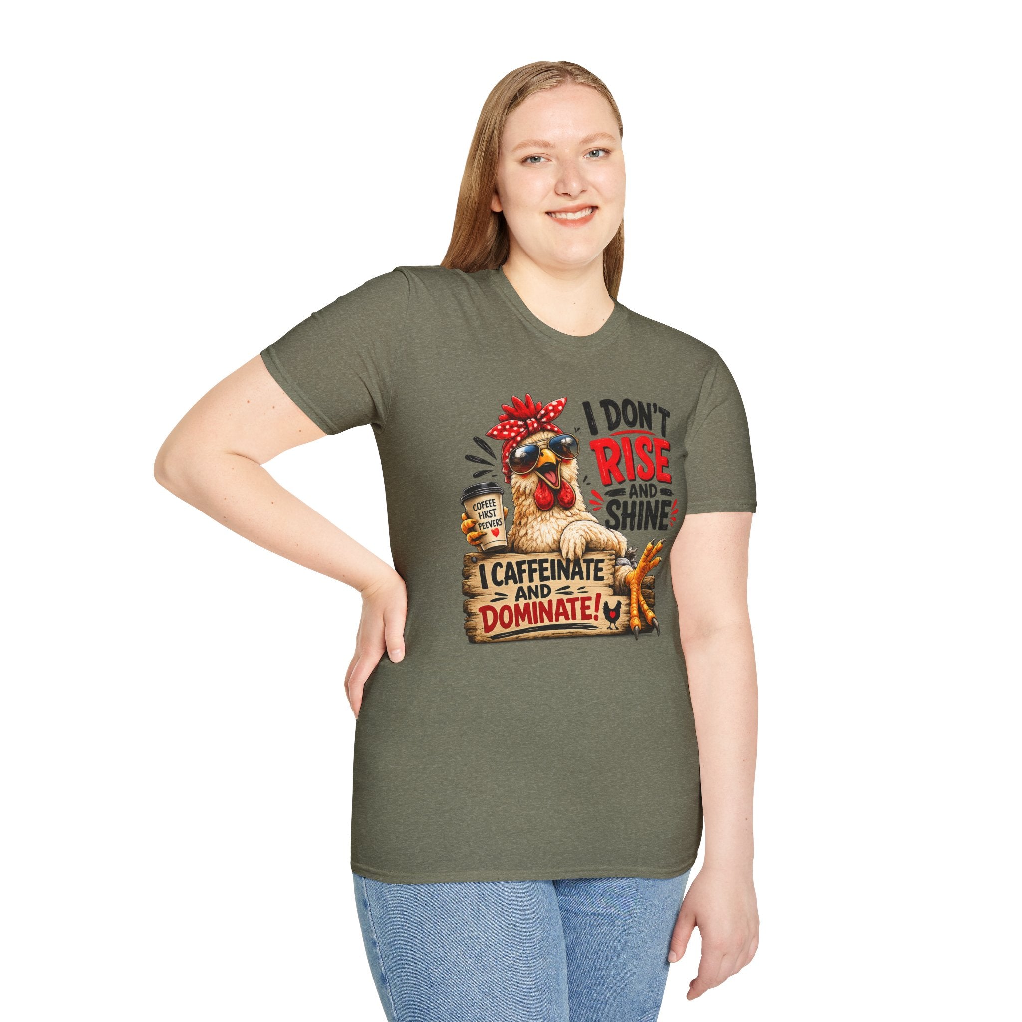 I Don't Rise and Shine Chicken T-Shirt — I Caffeinate and Dominate Funny Graphic Tee