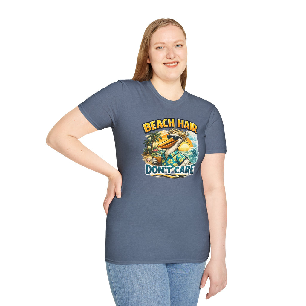 Beach Hair Don't Care T-Shirt — Tropical Pelican Vacation Tee