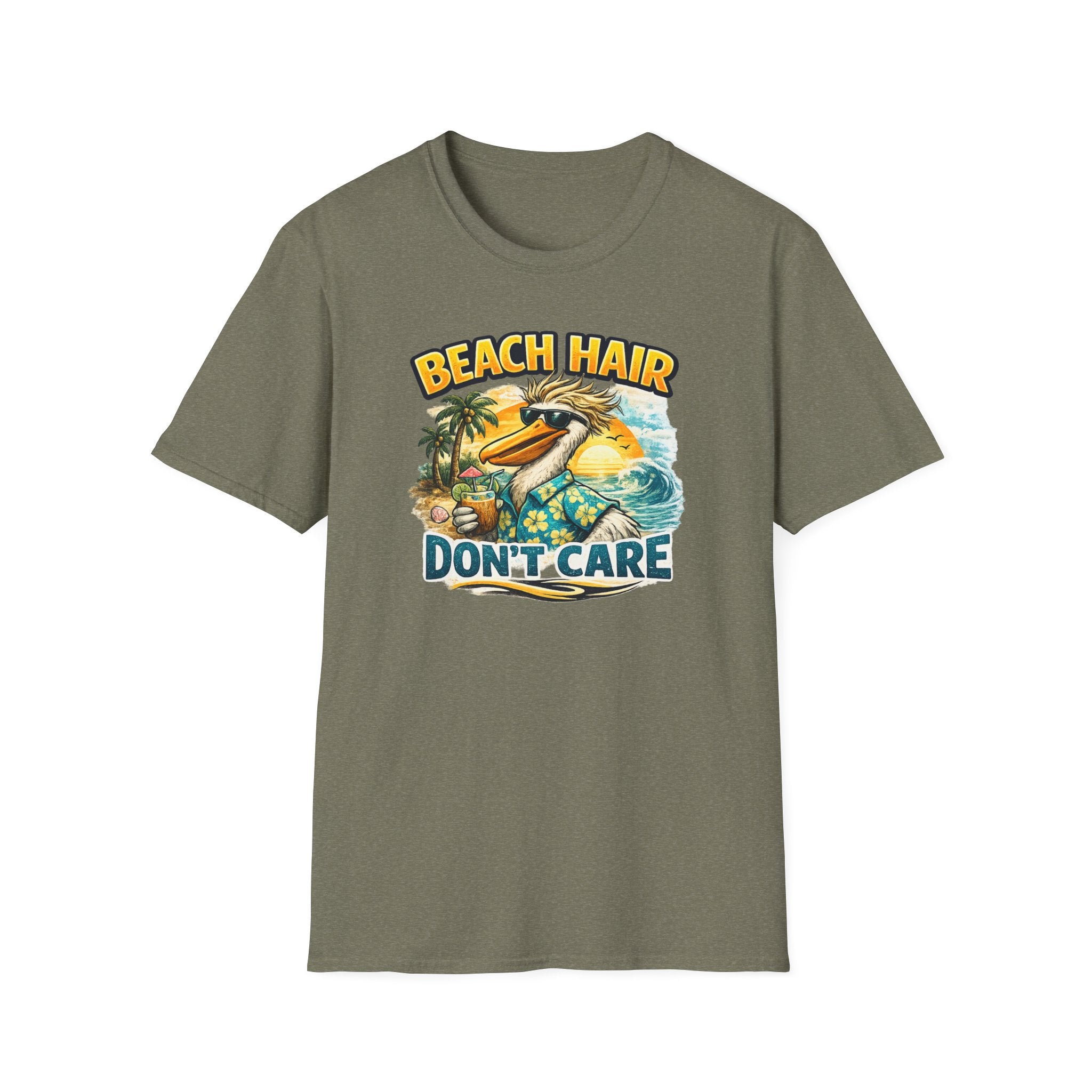 Beach Hair Don't Care T-Shirt — Tropical Pelican Vacation Tee