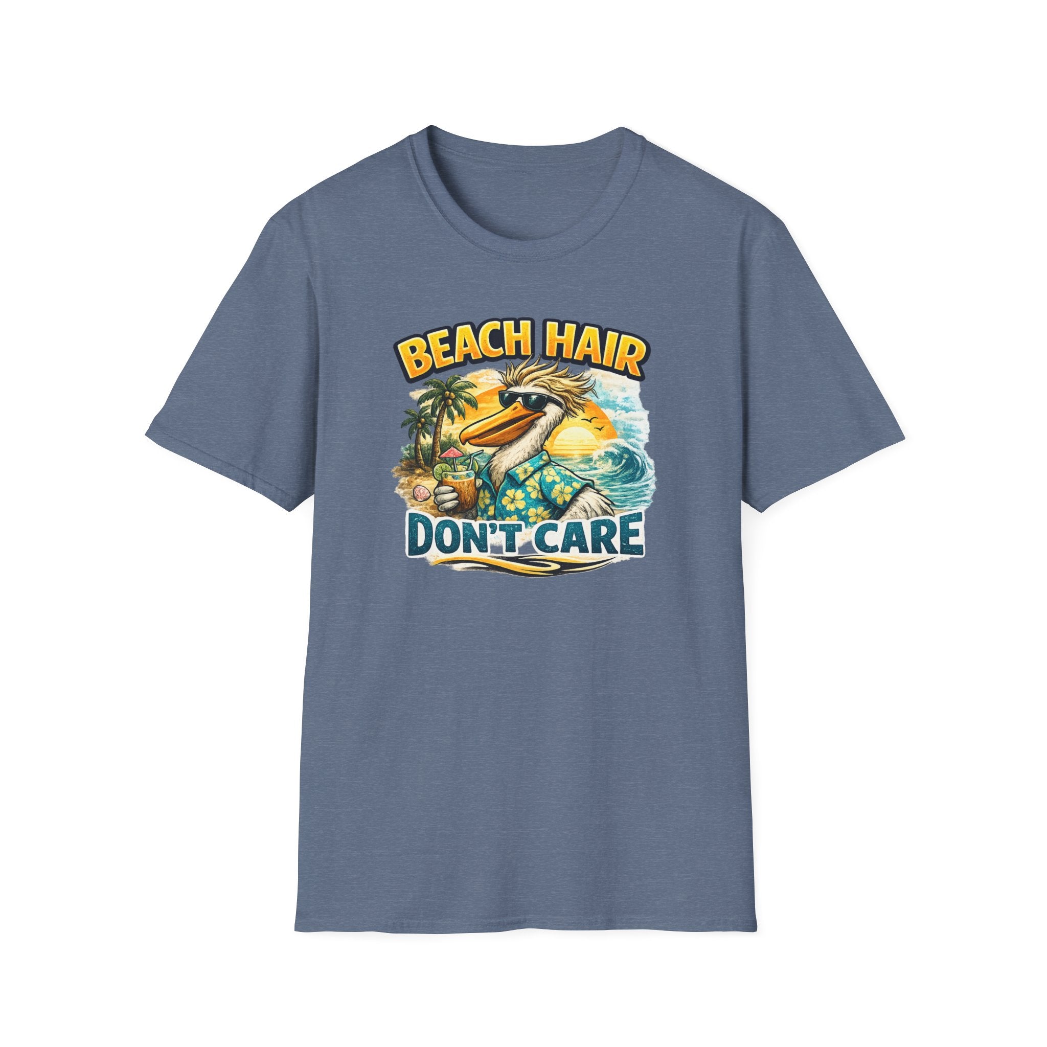 Beach Hair Don't Care T-Shirt — Tropical Pelican Vacation Tee