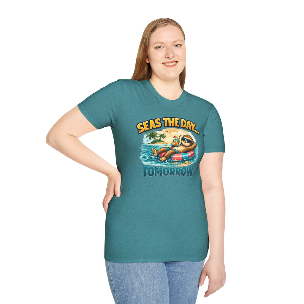 Seas the Day Sloth T-Shirt — Funny Tropical "Seas the Day... Tomorrow" Tee