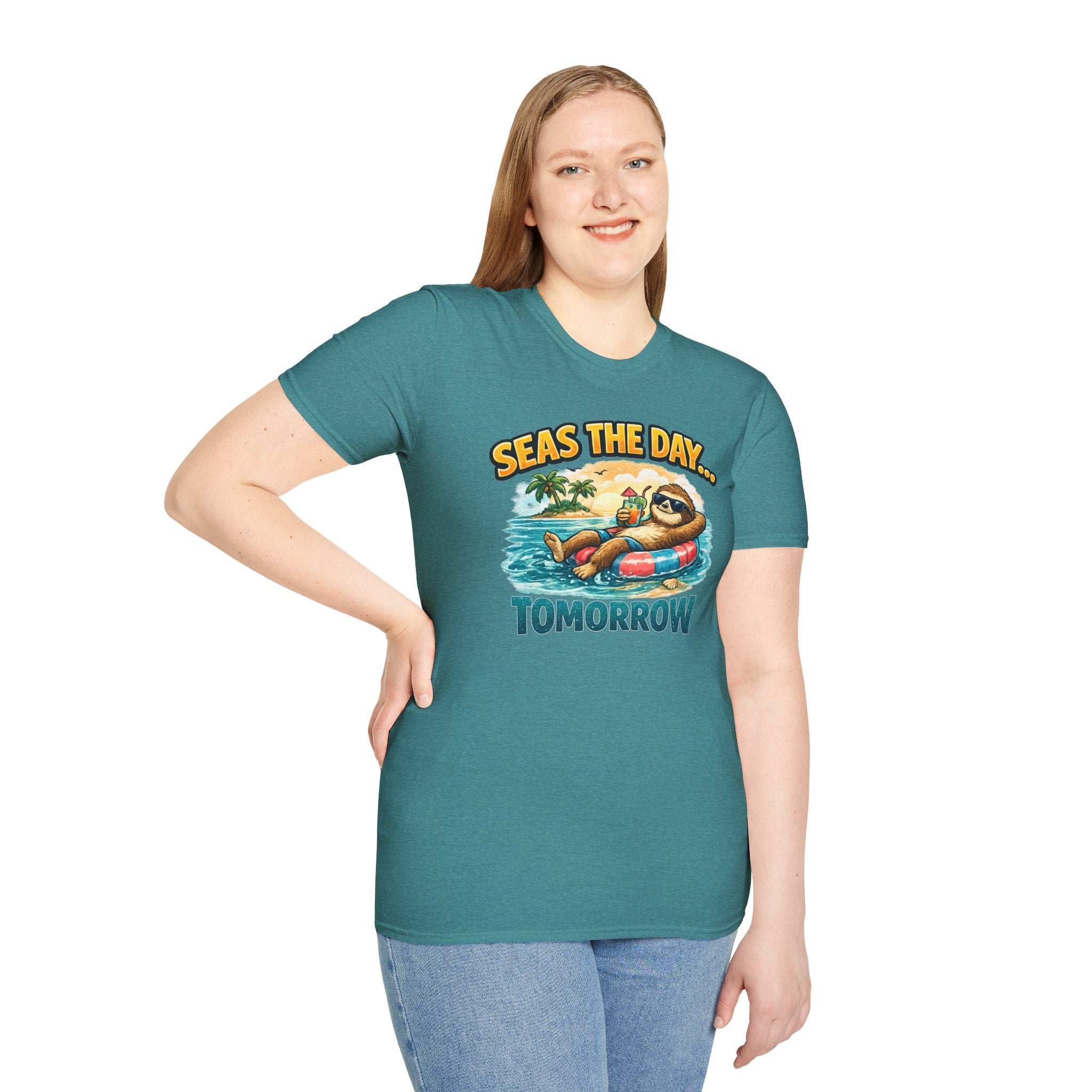 Seas the Day Sloth T-Shirt — Funny Tropical "Seas the Day... Tomorrow" Tee
