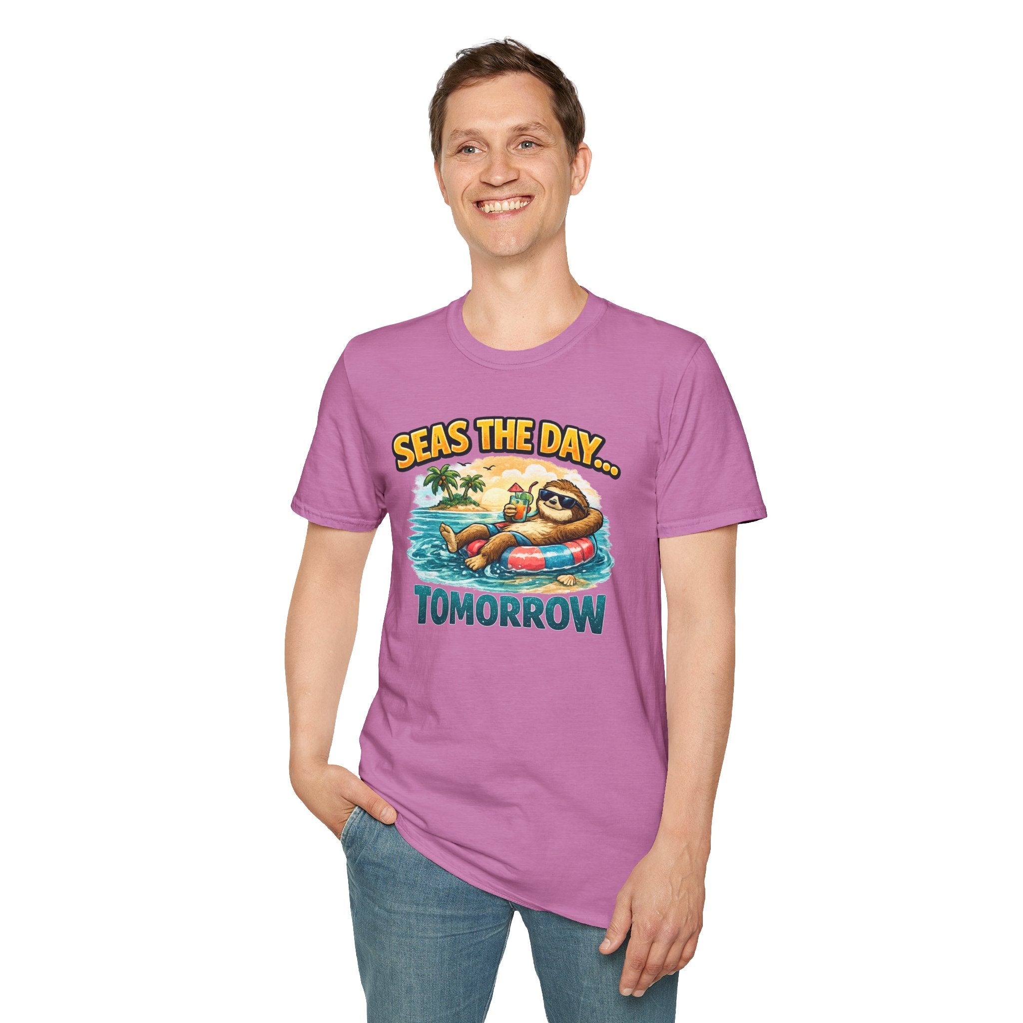 Seas the Day Sloth T-Shirt — Funny Tropical "Seas the Day... Tomorrow" Tee