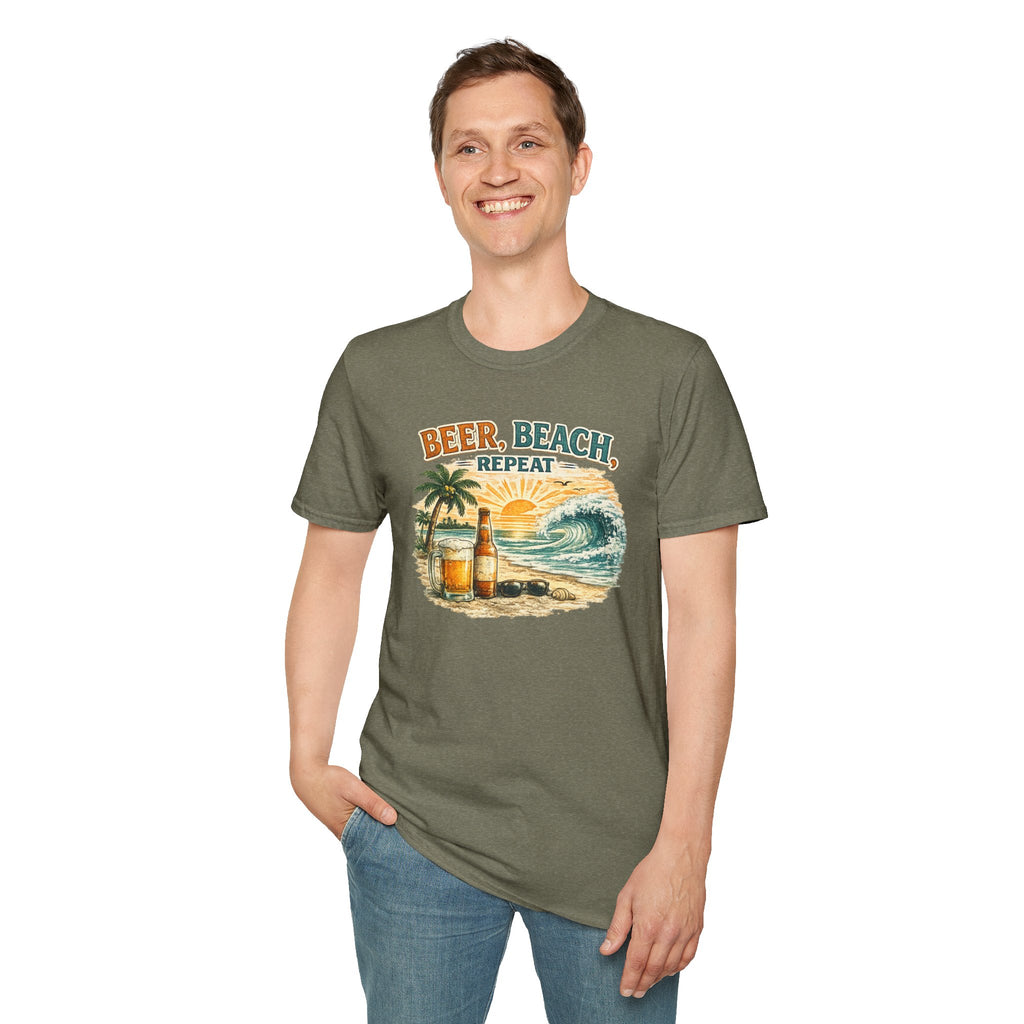 Beach T-Shirt — "Beer, Beach, Repeat" Retro Sunset Surf Tee