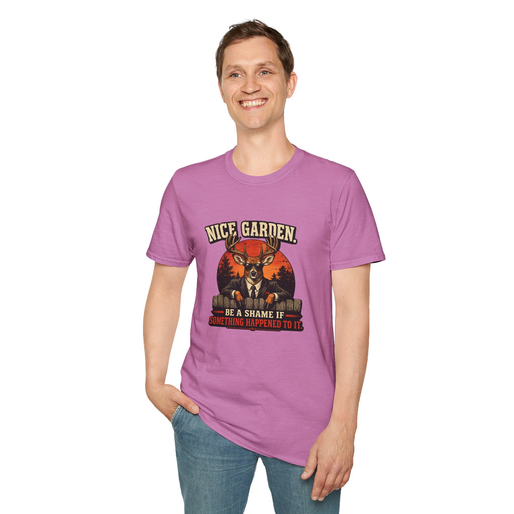 Nice Garden Deer T-Shirt — Vintage Stag Graphic Tee ("Nice Garden" Text)