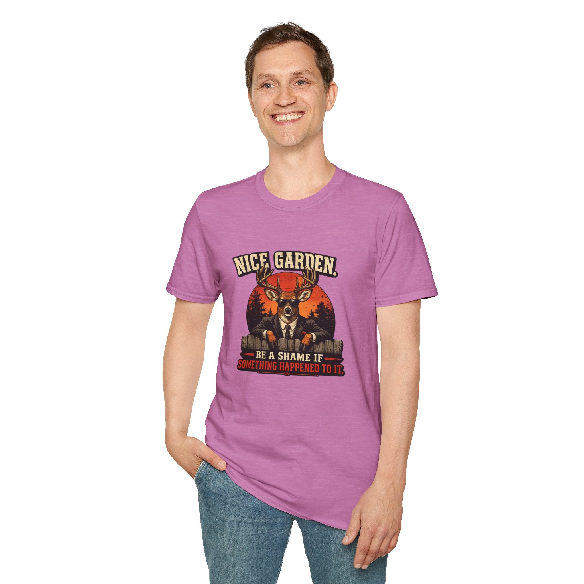 Nice Garden Deer T-Shirt — Vintage Stag Graphic Tee ("Nice Garden" Text)