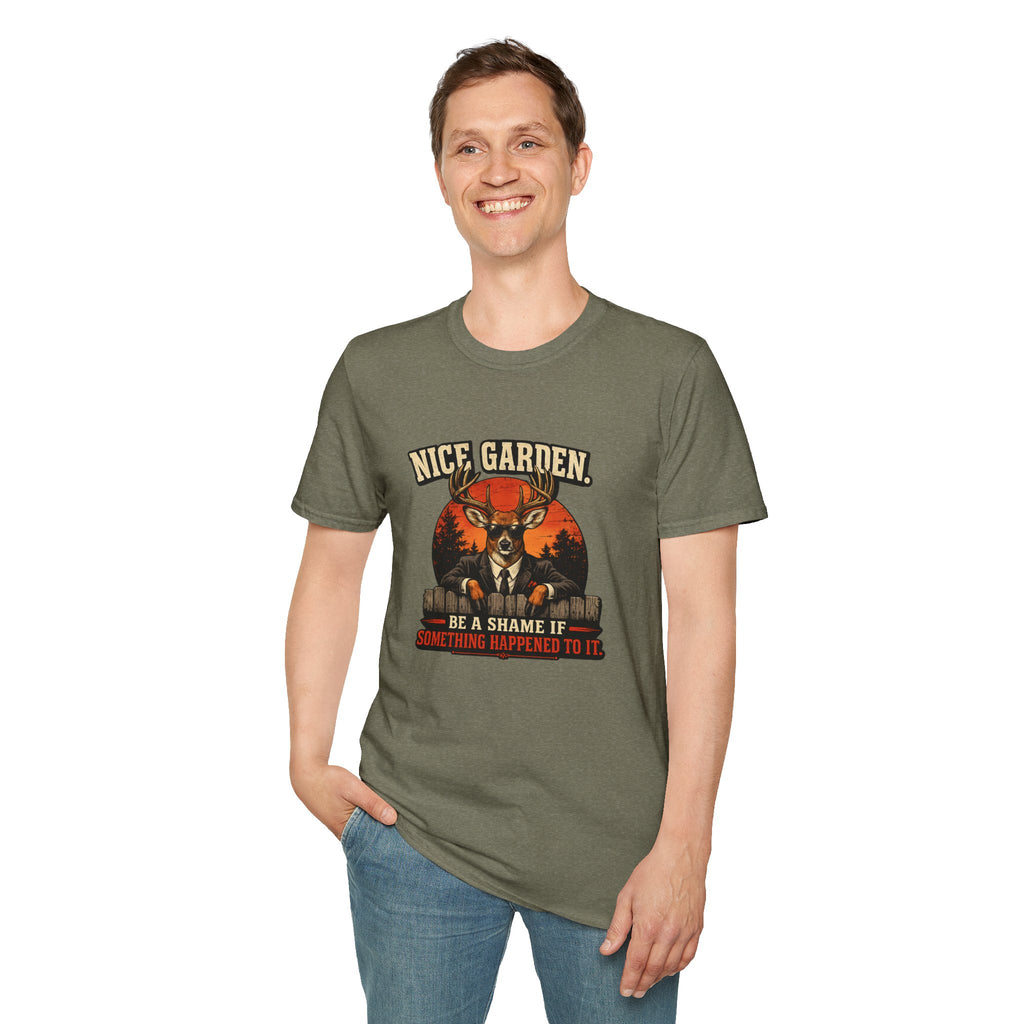 Nice Garden Deer T-Shirt — Vintage Stag Graphic Tee ("Nice Garden" Text)
