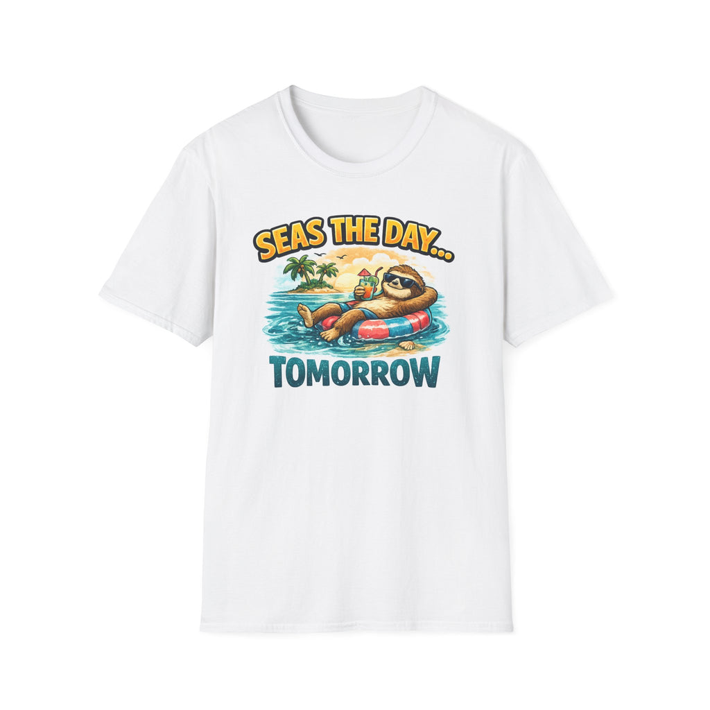 Seas the Day Sloth T-Shirt — Funny Tropical "Seas the Day... Tomorrow" Tee