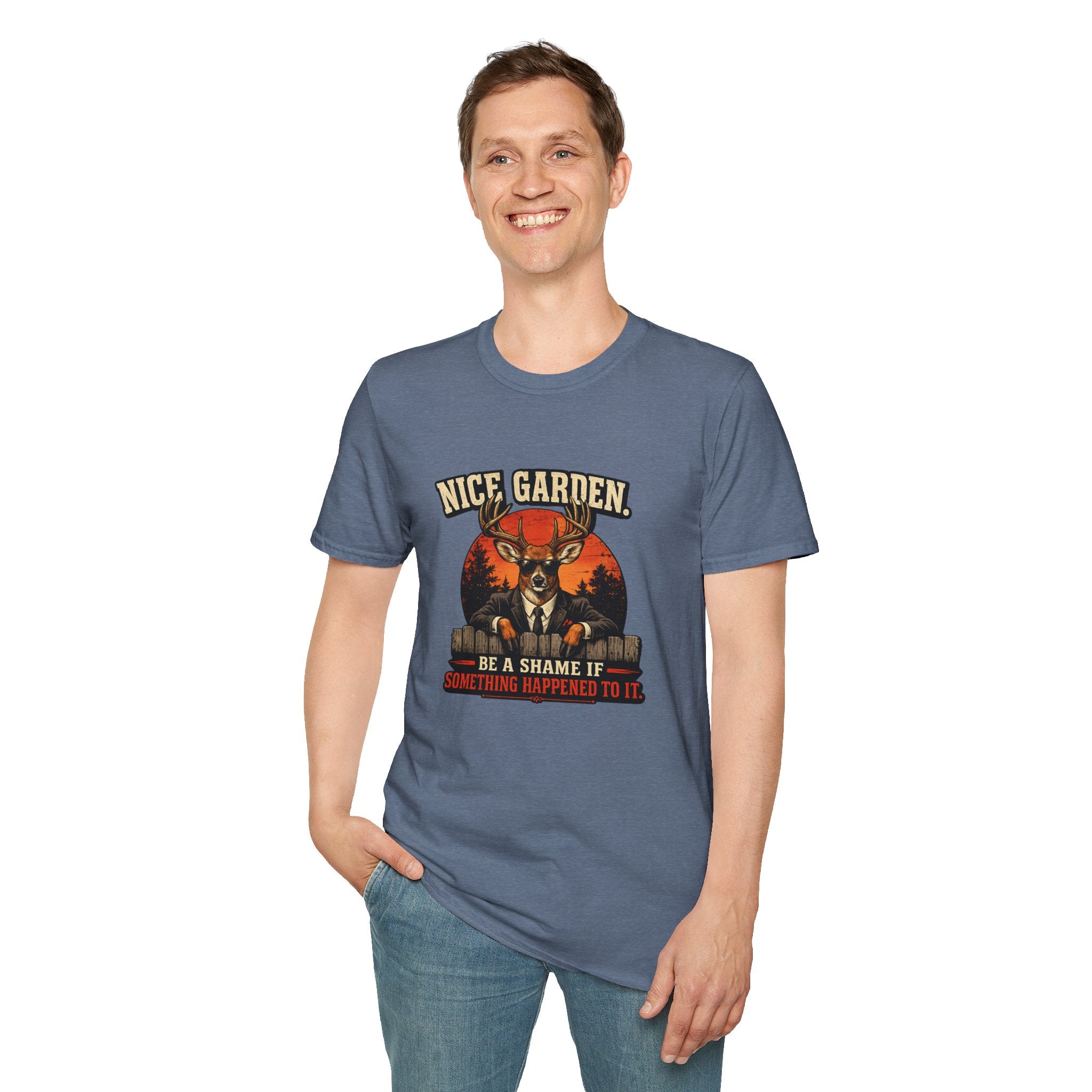 Nice Garden Deer T-Shirt — Vintage Stag Graphic Tee ("Nice Garden" Text)