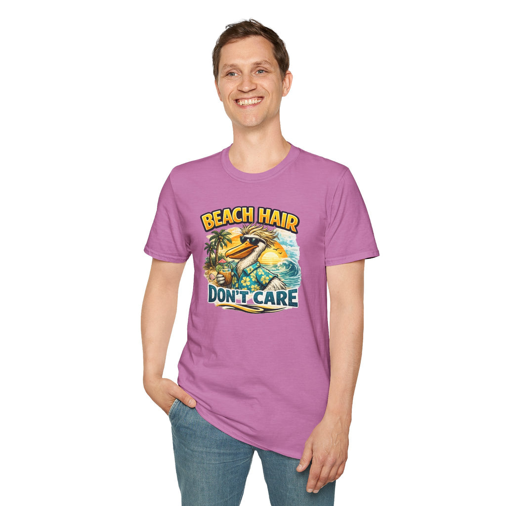 Beach Hair Don't Care T-Shirt — Tropical Pelican Vacation Tee