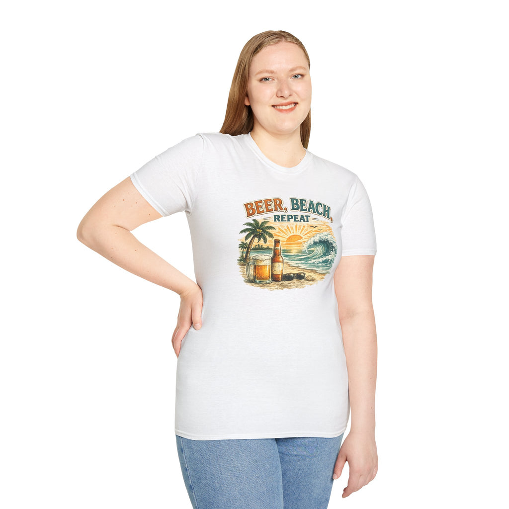 Beach T-Shirt — "Beer, Beach, Repeat" Retro Sunset Surf Tee