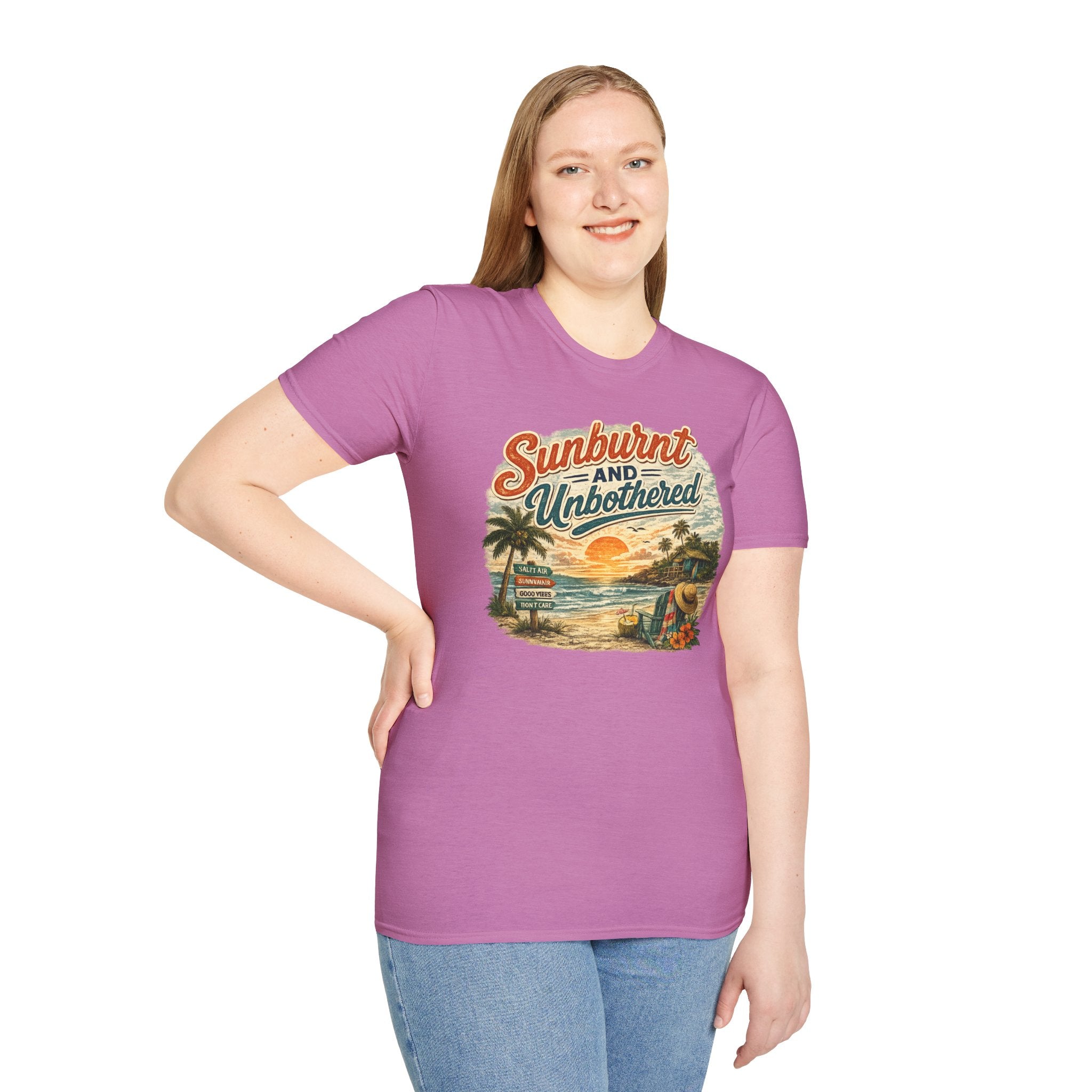 Sunburnt and Unbothered T-Shirt — Retro Beach Vacation Tee