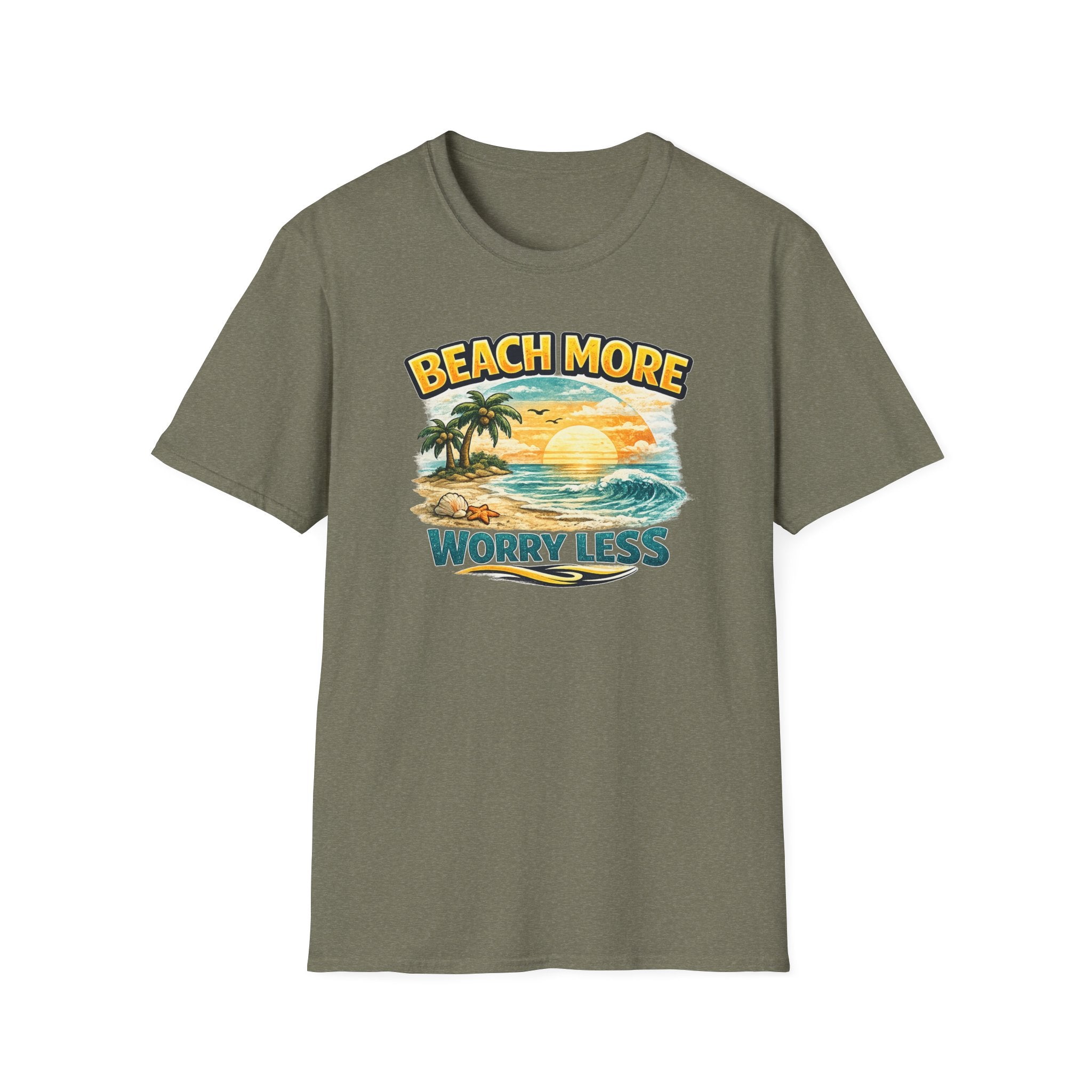 Beach More Worry Less T-Shirt — Vintage Sunset Palm Beach Graphic Tee