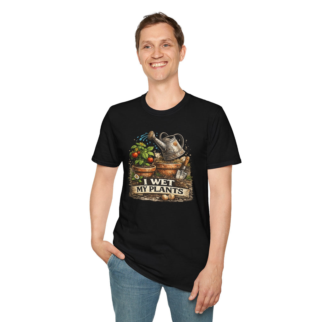 Gardening T-Shirt — "I Wet My Plants" Watering Can & Potted Herbs Tee