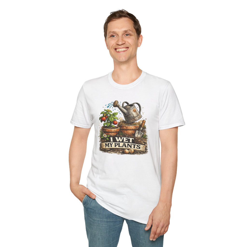Gardening T-Shirt — "I Wet My Plants" Watering Can & Potted Herbs Tee