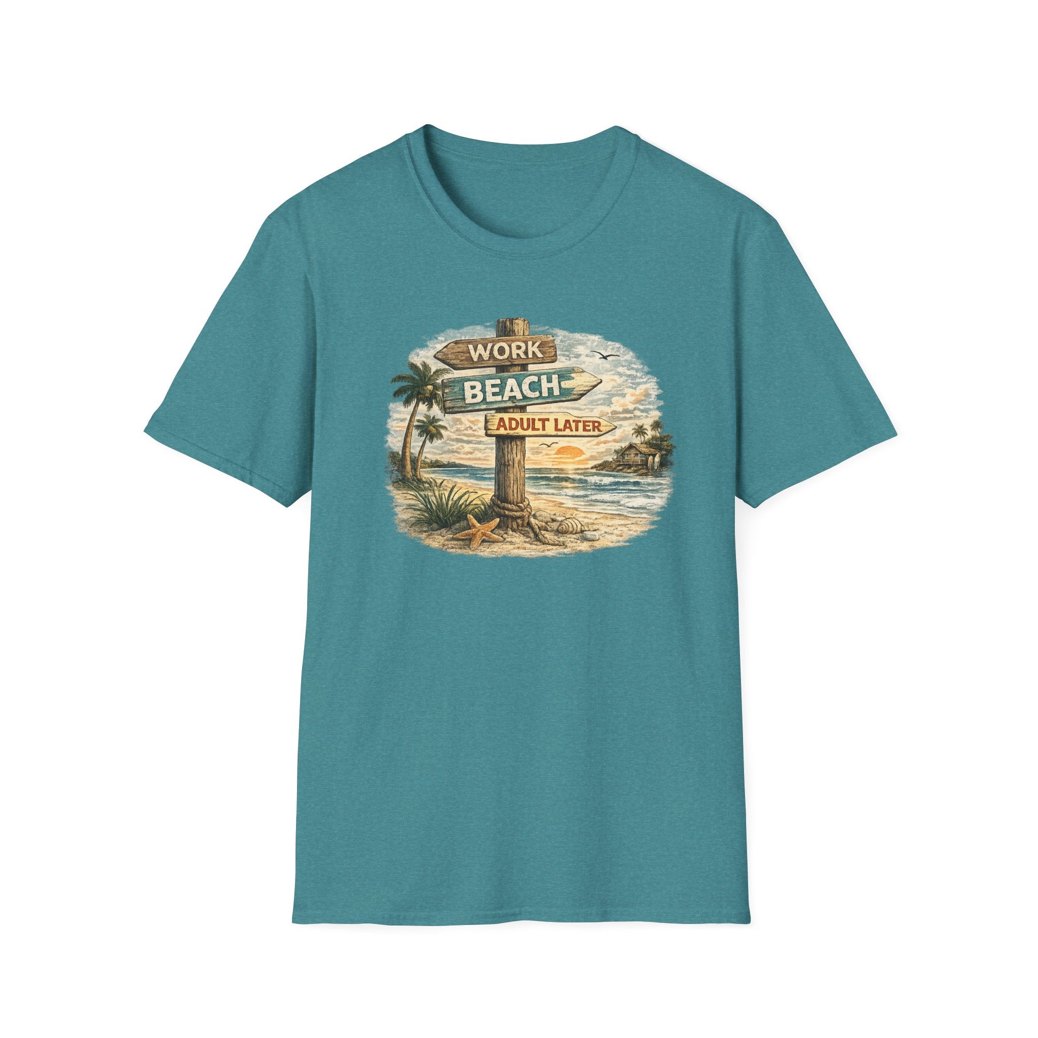 Beach Signpost T-Shirt — "Work Beach, Adult Later" Vintage Sunset Tee