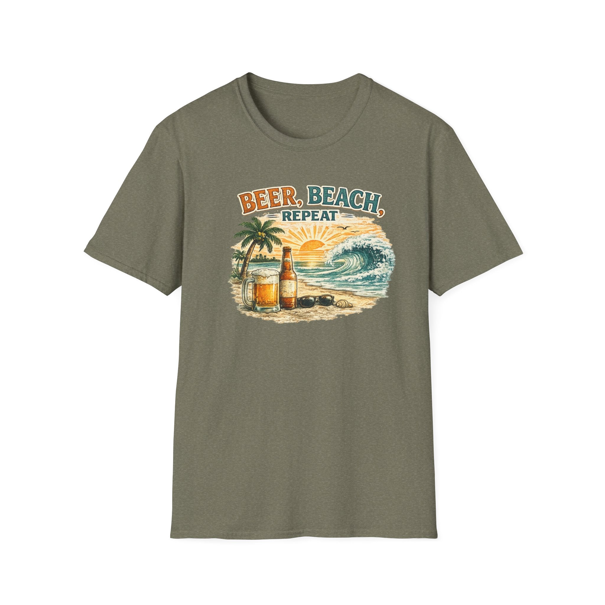 Beach T-Shirt — "Beer, Beach, Repeat" Retro Sunset Surf Tee