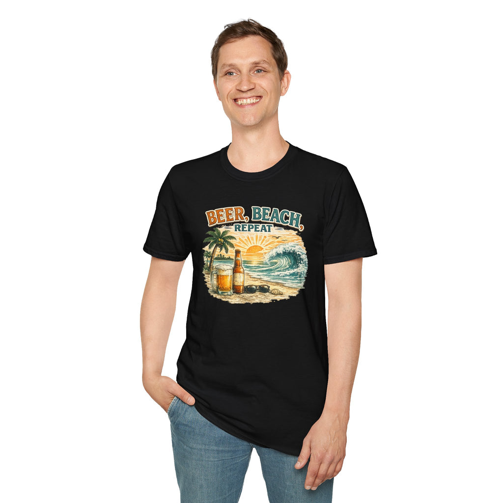 Beach T-Shirt — "Beer, Beach, Repeat" Retro Sunset Surf Tee