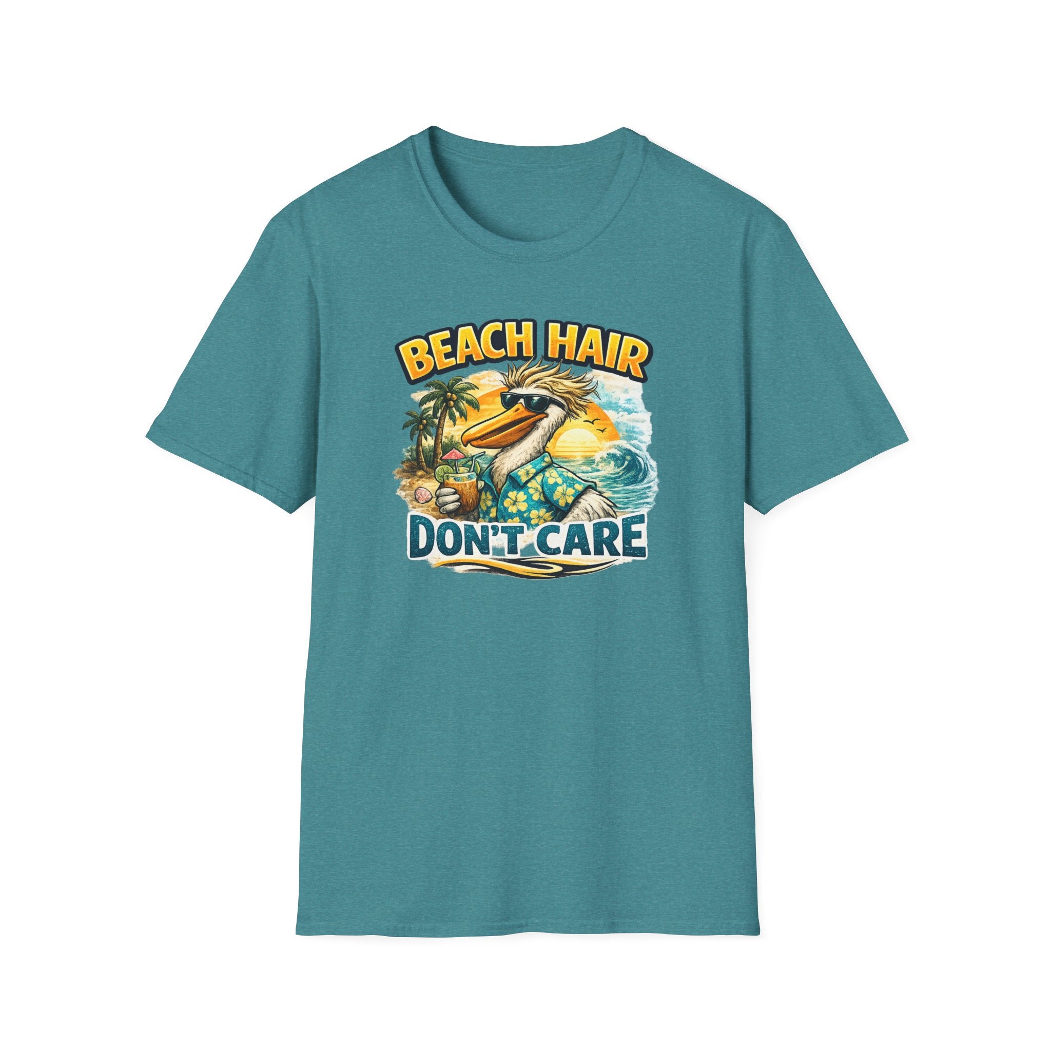 Beach Hair Don't Care T-Shirt — Tropical Pelican Vacation Tee