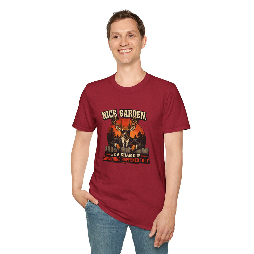Nice Garden Deer T-Shirt — Vintage Stag Graphic Tee ("Nice Garden" Text)