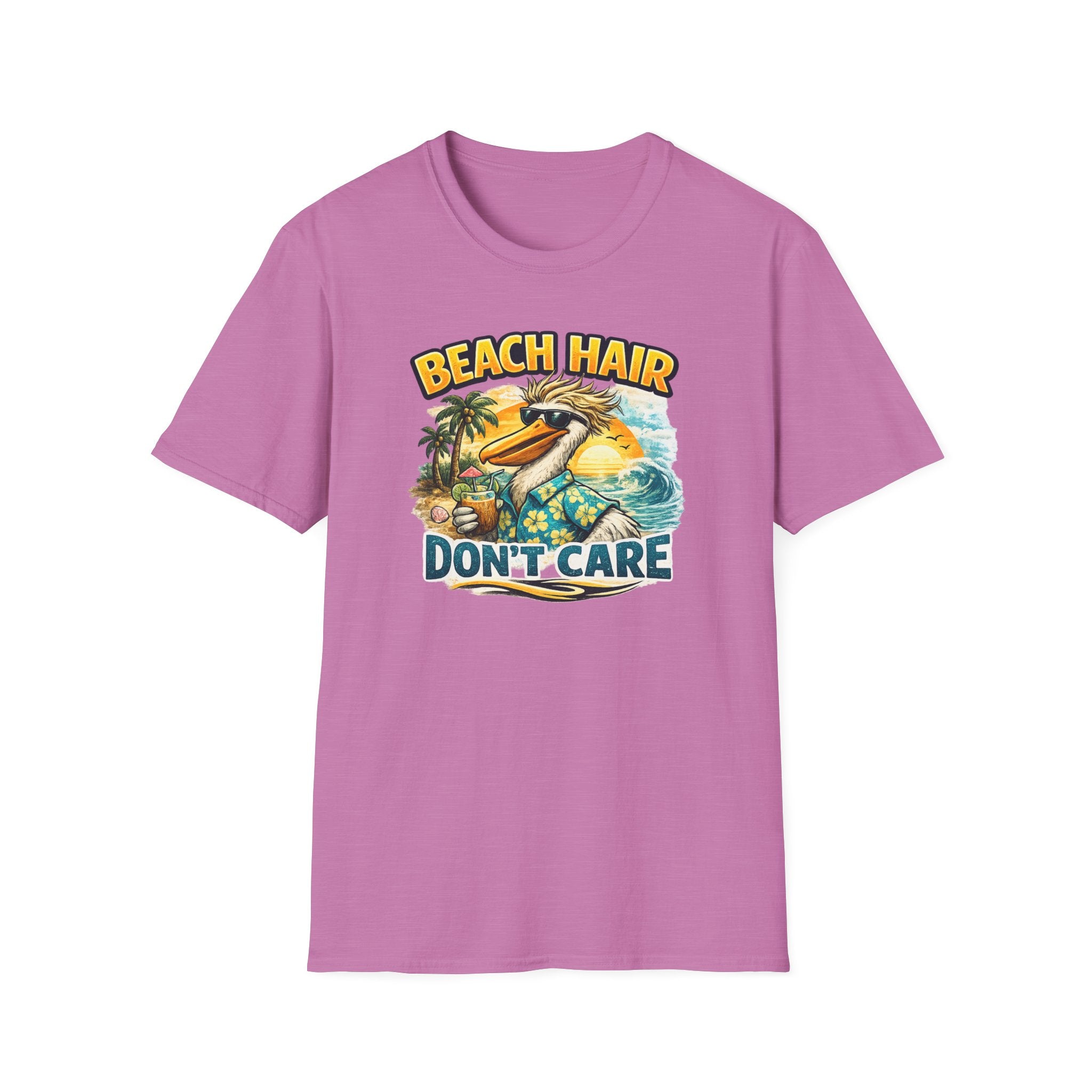 Beach Hair Don't Care T-Shirt — Tropical Pelican Vacation Tee