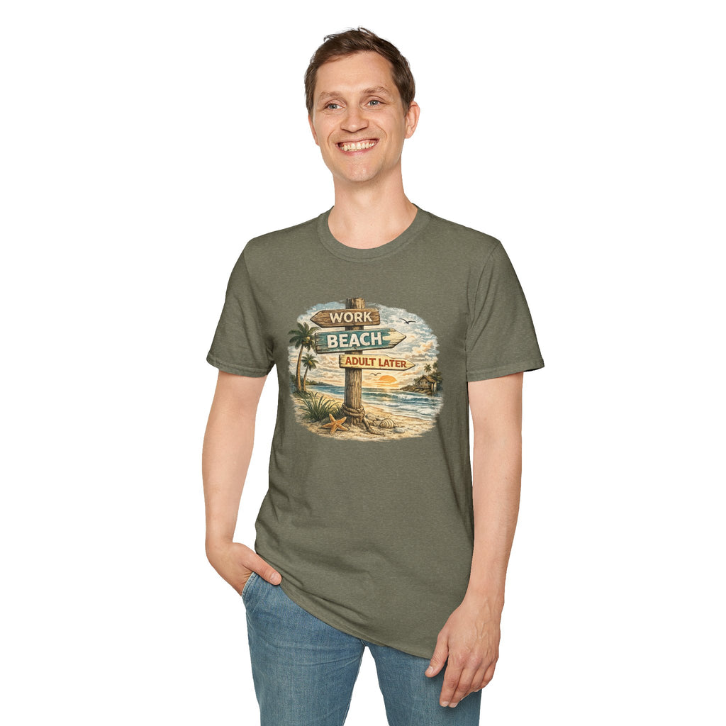Beach Signpost T-Shirt — "Work Beach, Adult Later" Vintage Sunset Tee